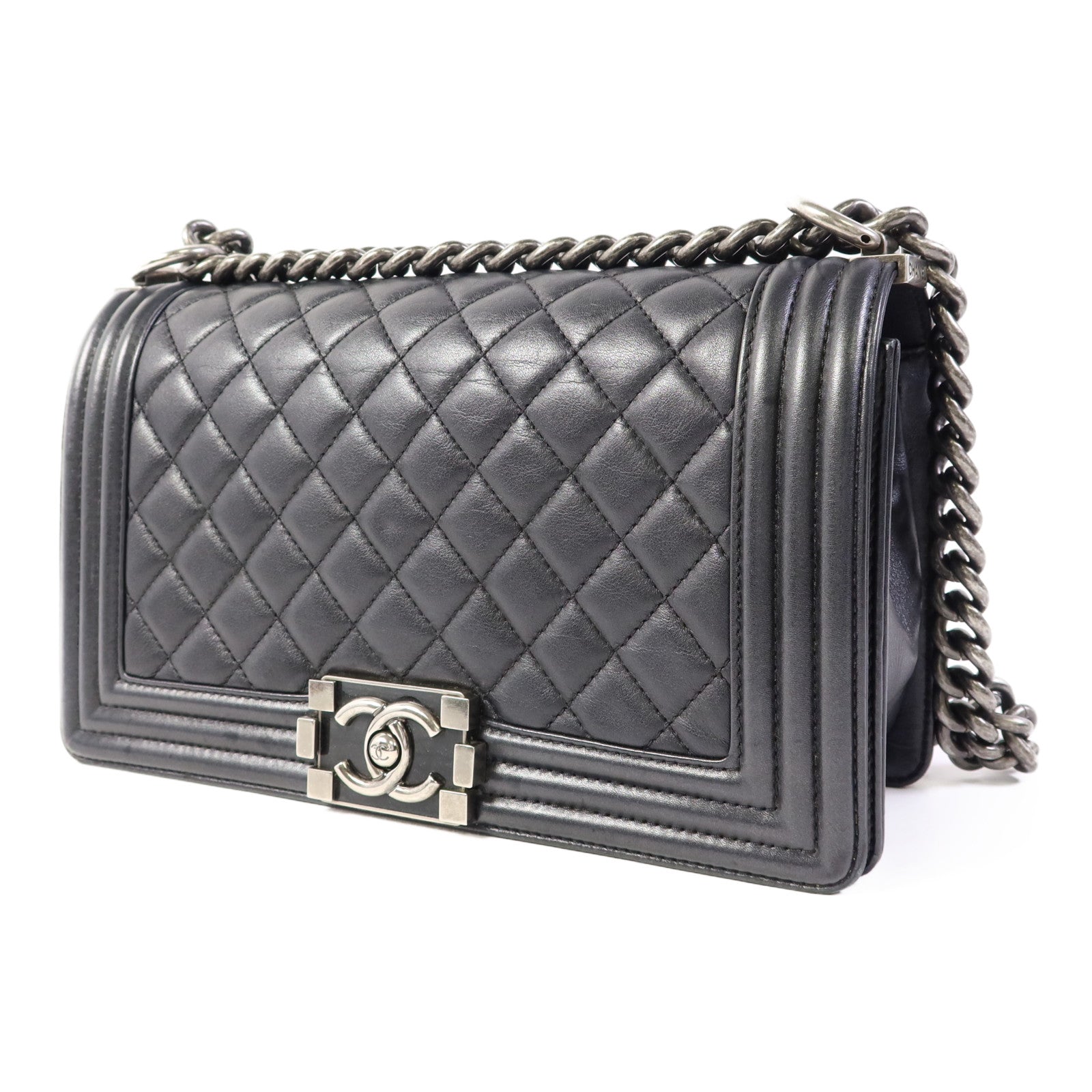 CHANEL 羊皮皮革Boy 25銀扣鏈帶肩背袋