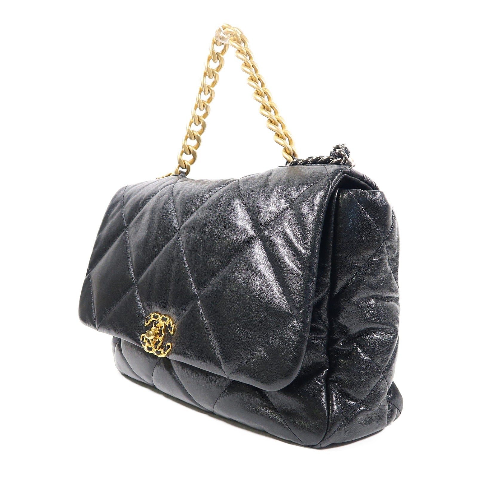 CHANEL 菱格羊皮皮革Chanel 19 Maxi金扣鏈帶手挽肩背兩用袋黑色