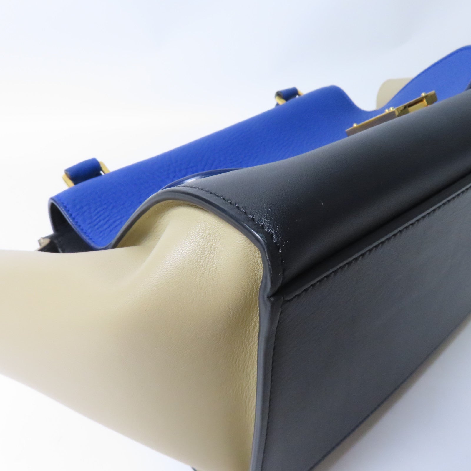 CELINE 牛皮皮革Trapeze金扣手挽肩背兩用袋藍色/米色/黑色