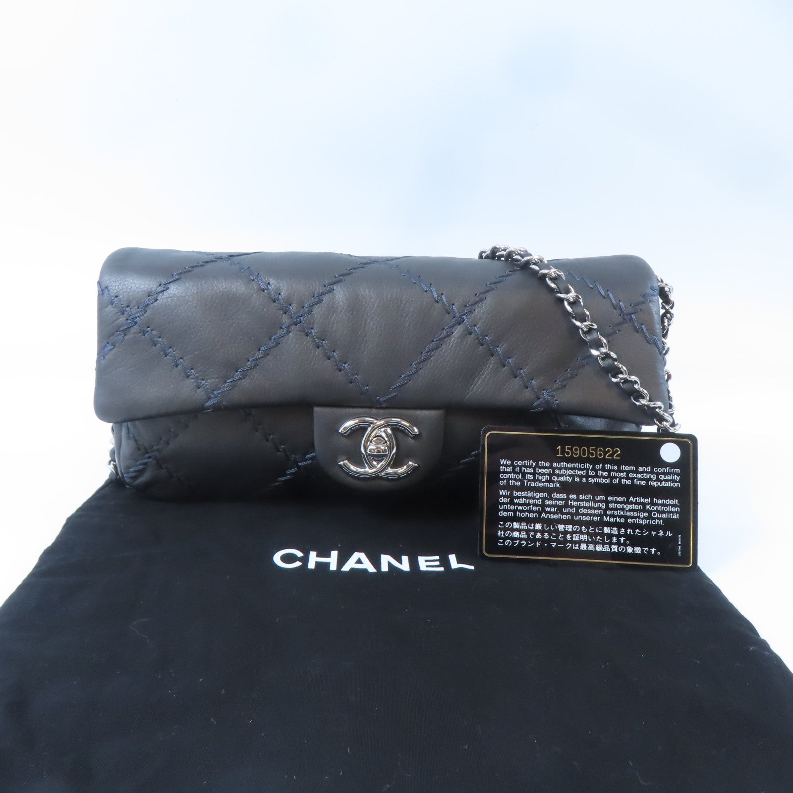 CHANEL 菱格牛皮皮革Chain Shoulder銀扣鏈帶肩背袋灰色
