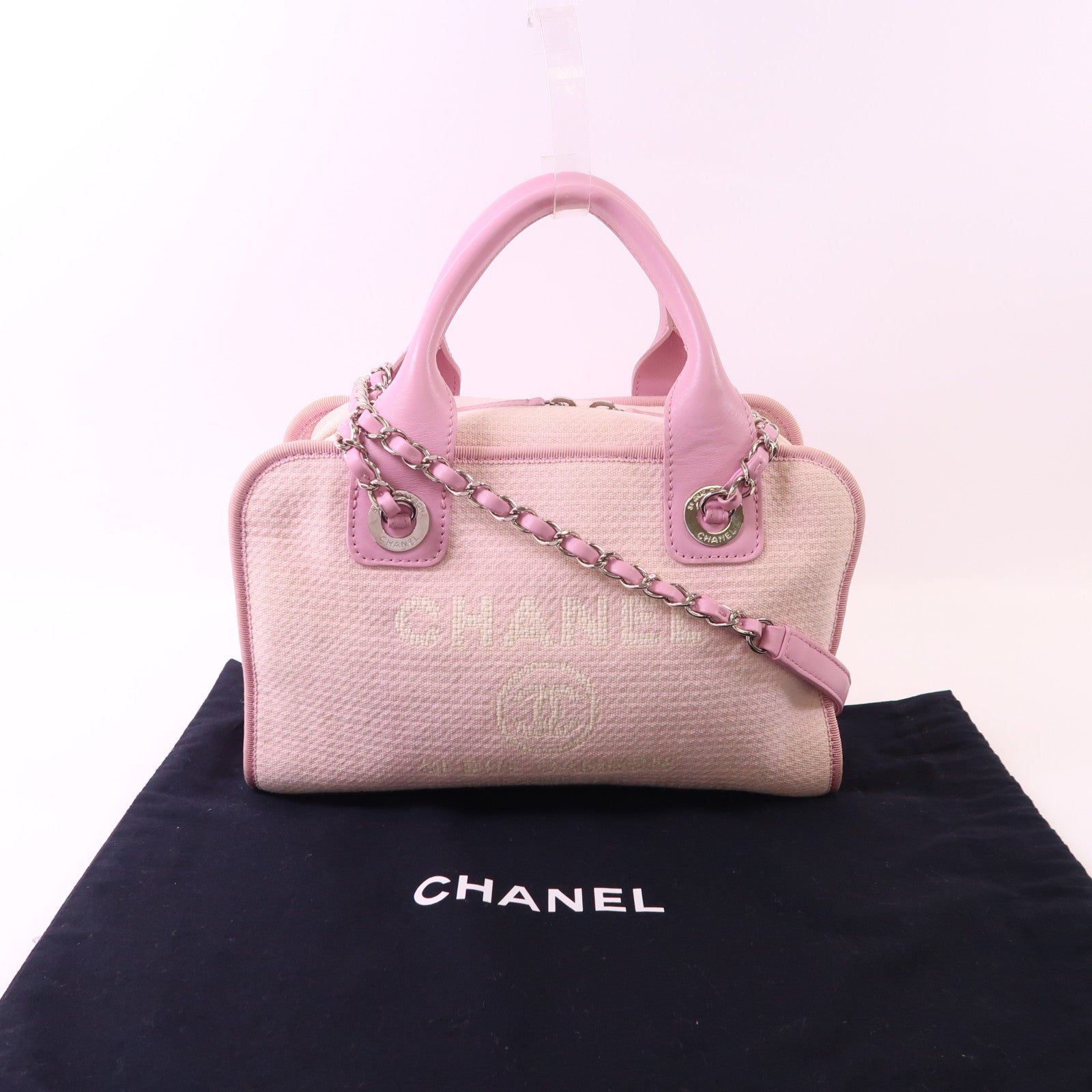 CHANEL 帆布Deauville Bowling Bag銀扣手挽肩背兩用袋