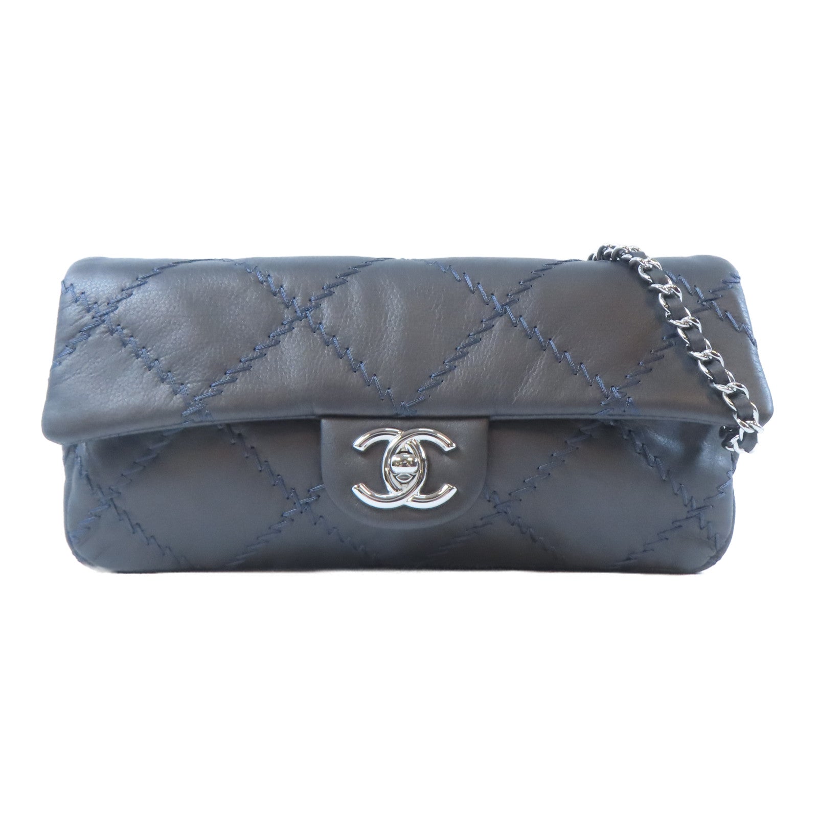 CHANEL 菱格牛皮皮革Chain Shoulder銀扣鏈帶肩背袋灰色