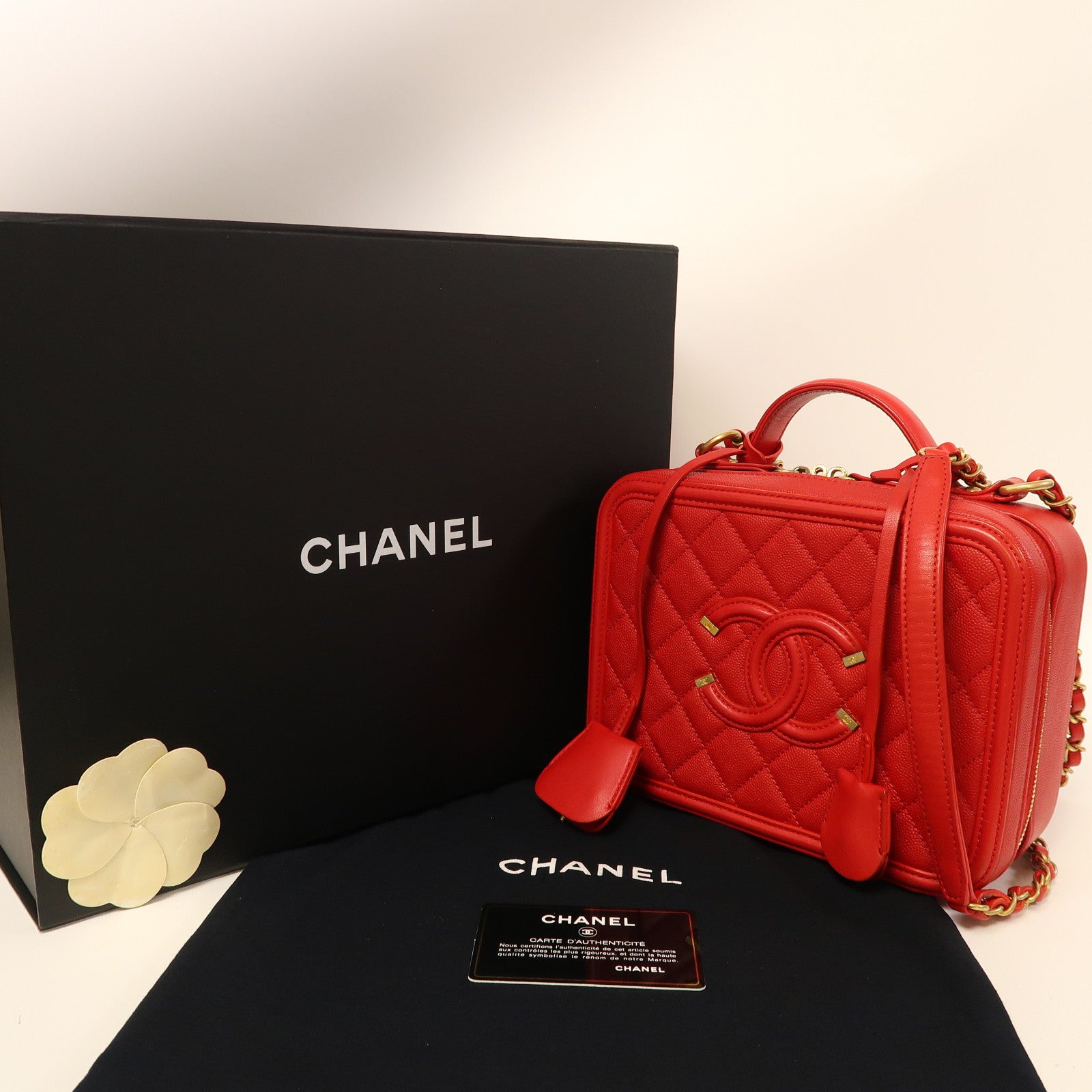CHANEL 【激減優惠】菱格牛皮皮革Vanity Case金扣手挽肩背兩用袋紅色