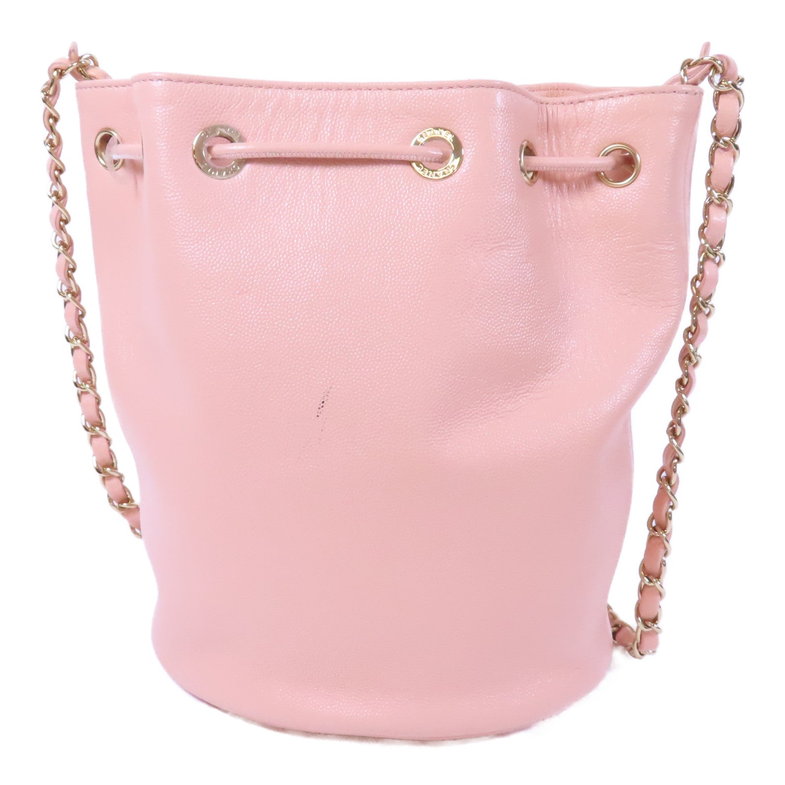 CHANEL Caviar皮革Deauville Drawstring Bucket金扣鏈帶肩背袋粉紅色
