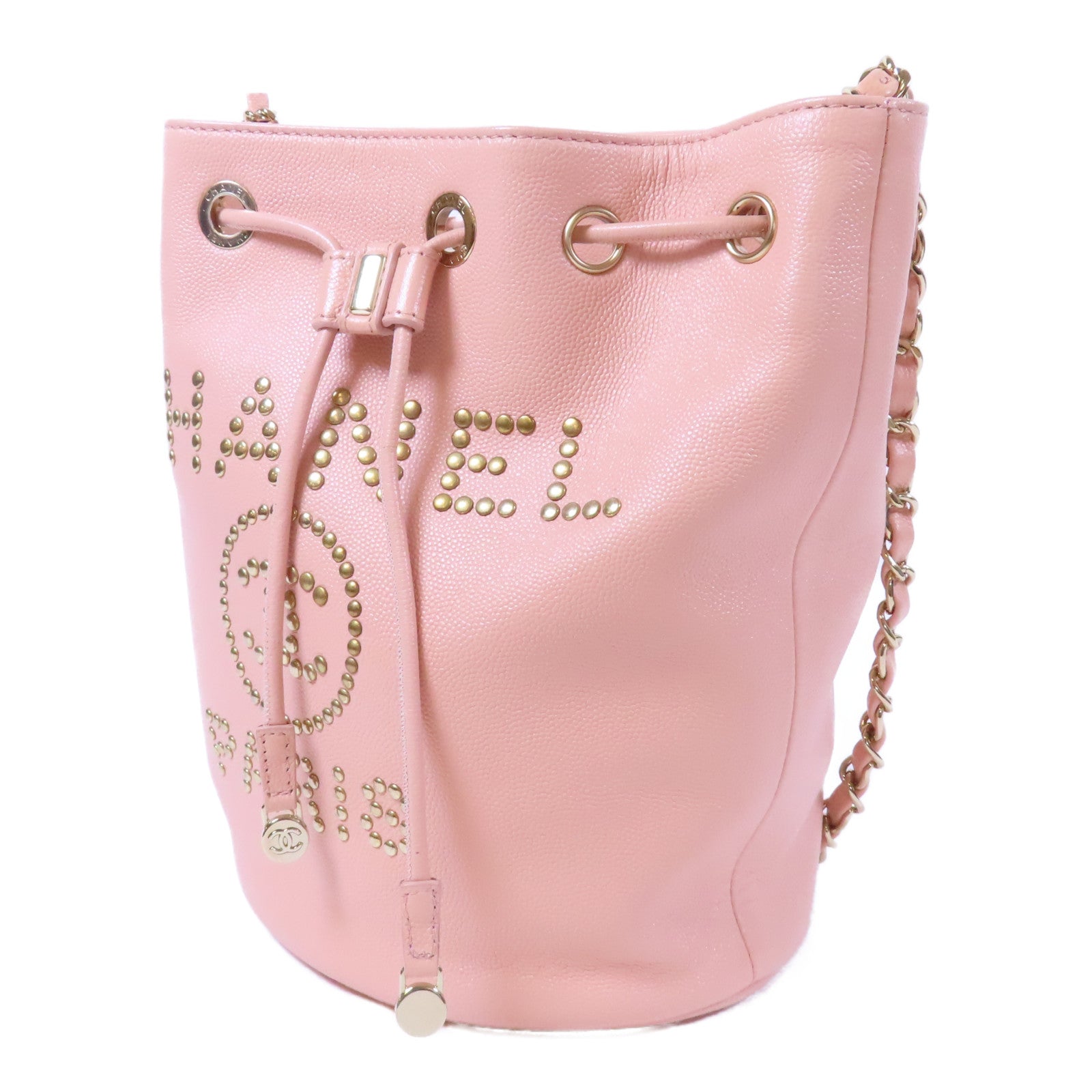 CHANEL Caviar皮革Deauville Drawstring Bucket金扣鏈帶肩背袋粉紅色