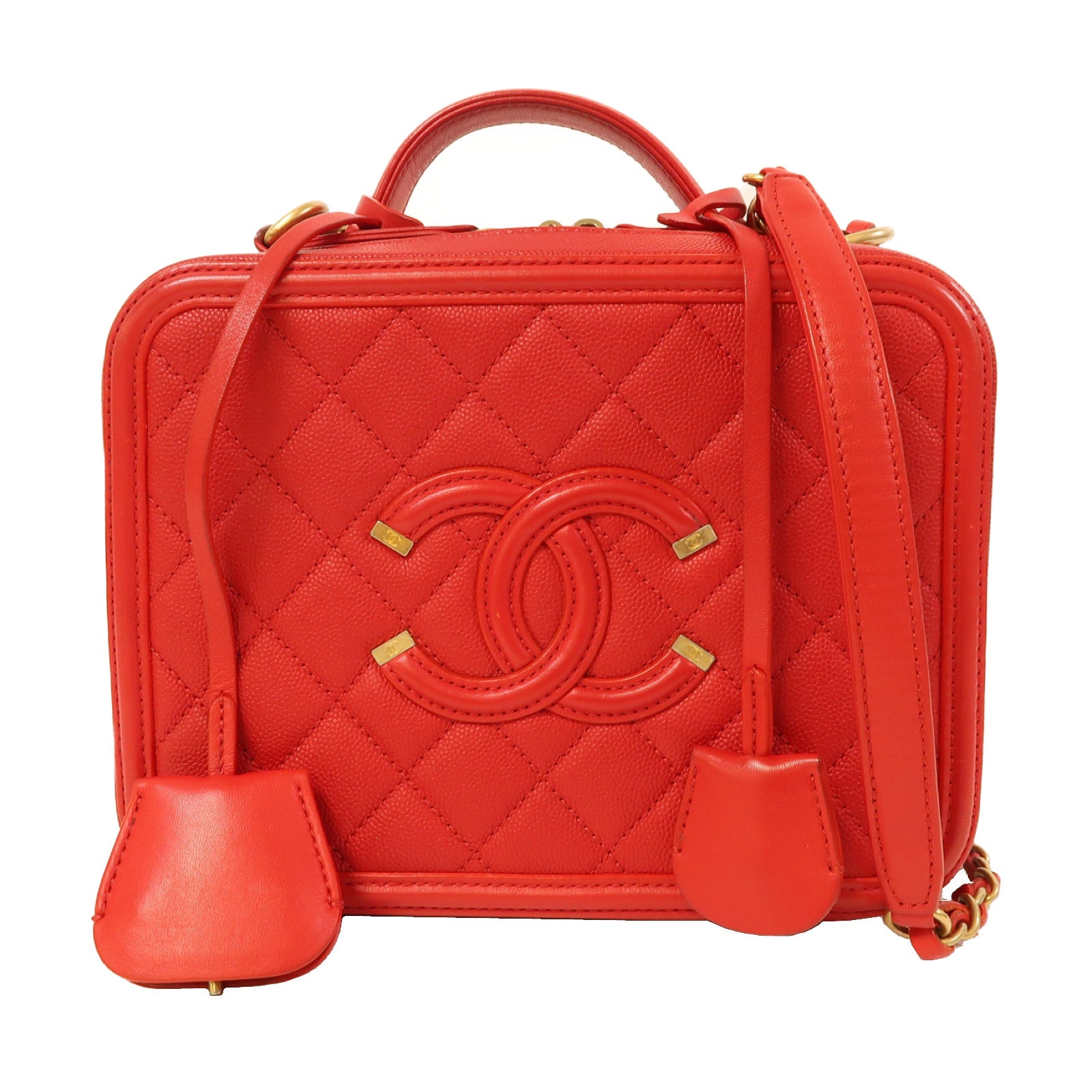 CHANEL 【激減優惠】菱格牛皮皮革Vanity Case金扣手挽肩背兩用袋紅色