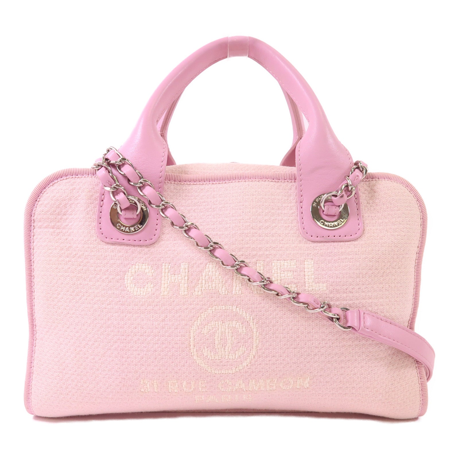 CHANEL 帆布Deauville Bowling Bag銀扣手挽肩背兩用袋