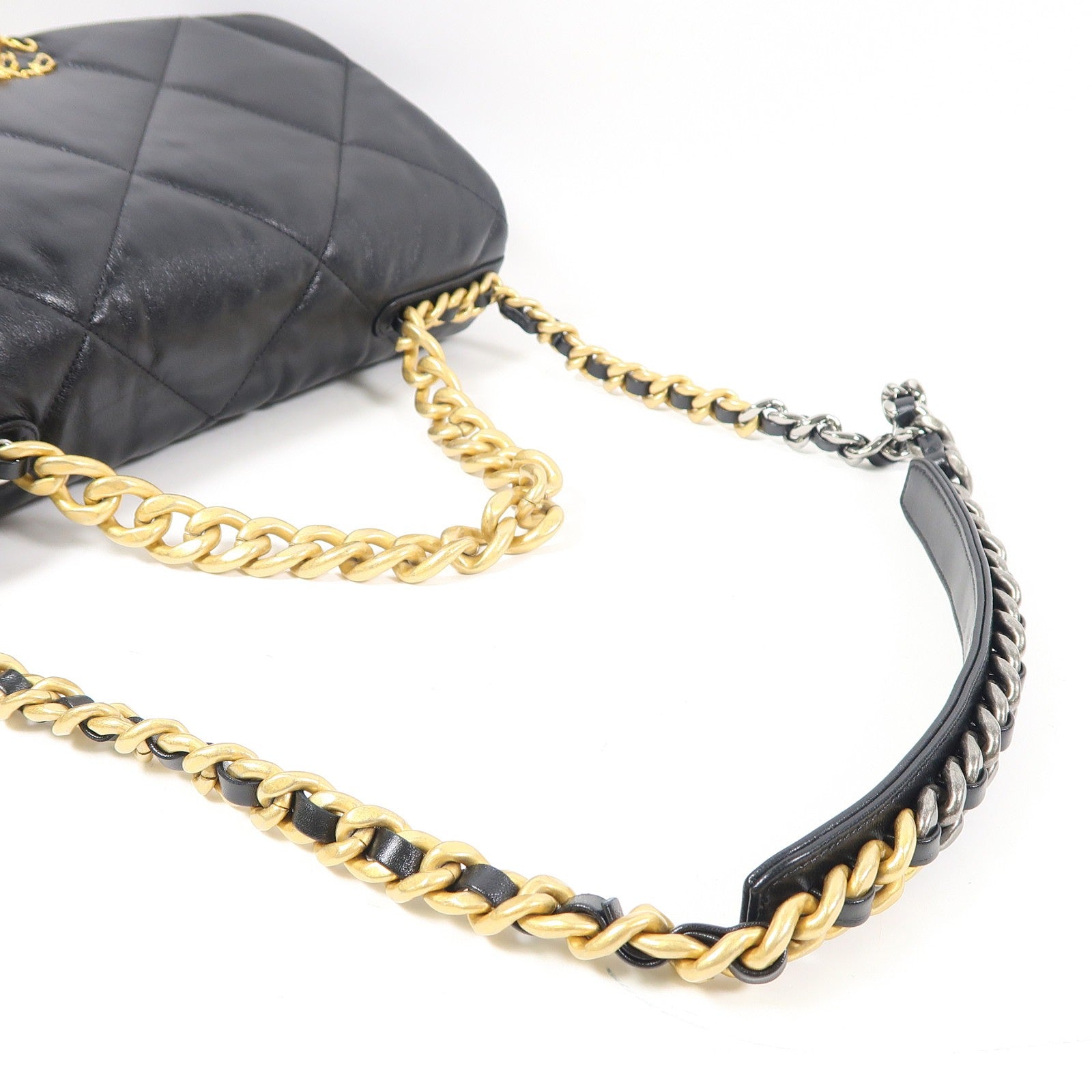 CHANEL 菱格羊皮皮革Chanel 19 Maxi金扣鏈帶手挽肩背兩用袋黑色