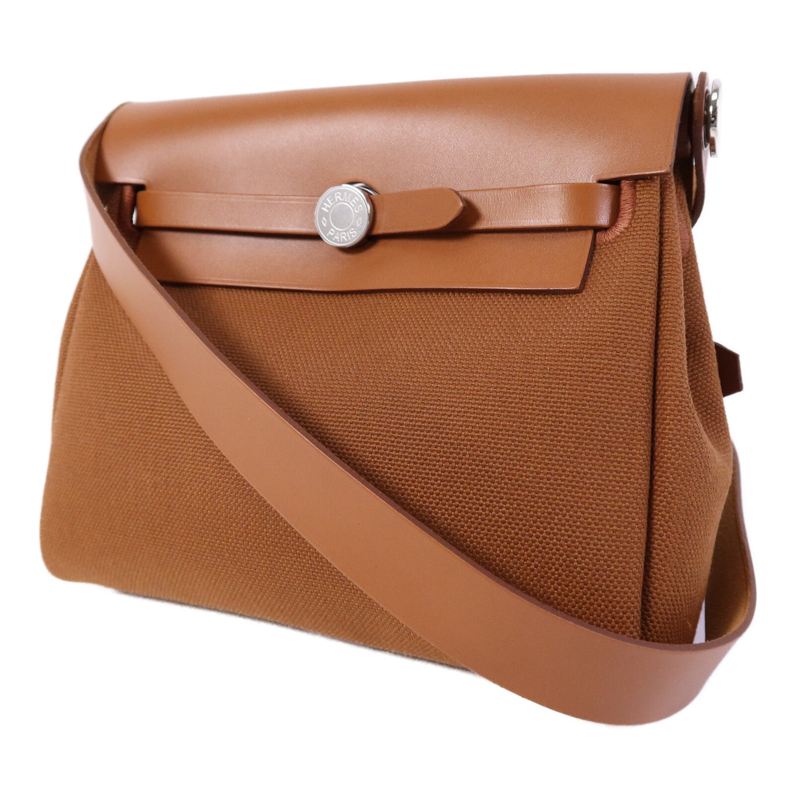 HERMES 帆布Mini Herbag銀扣肩背袋Fauve