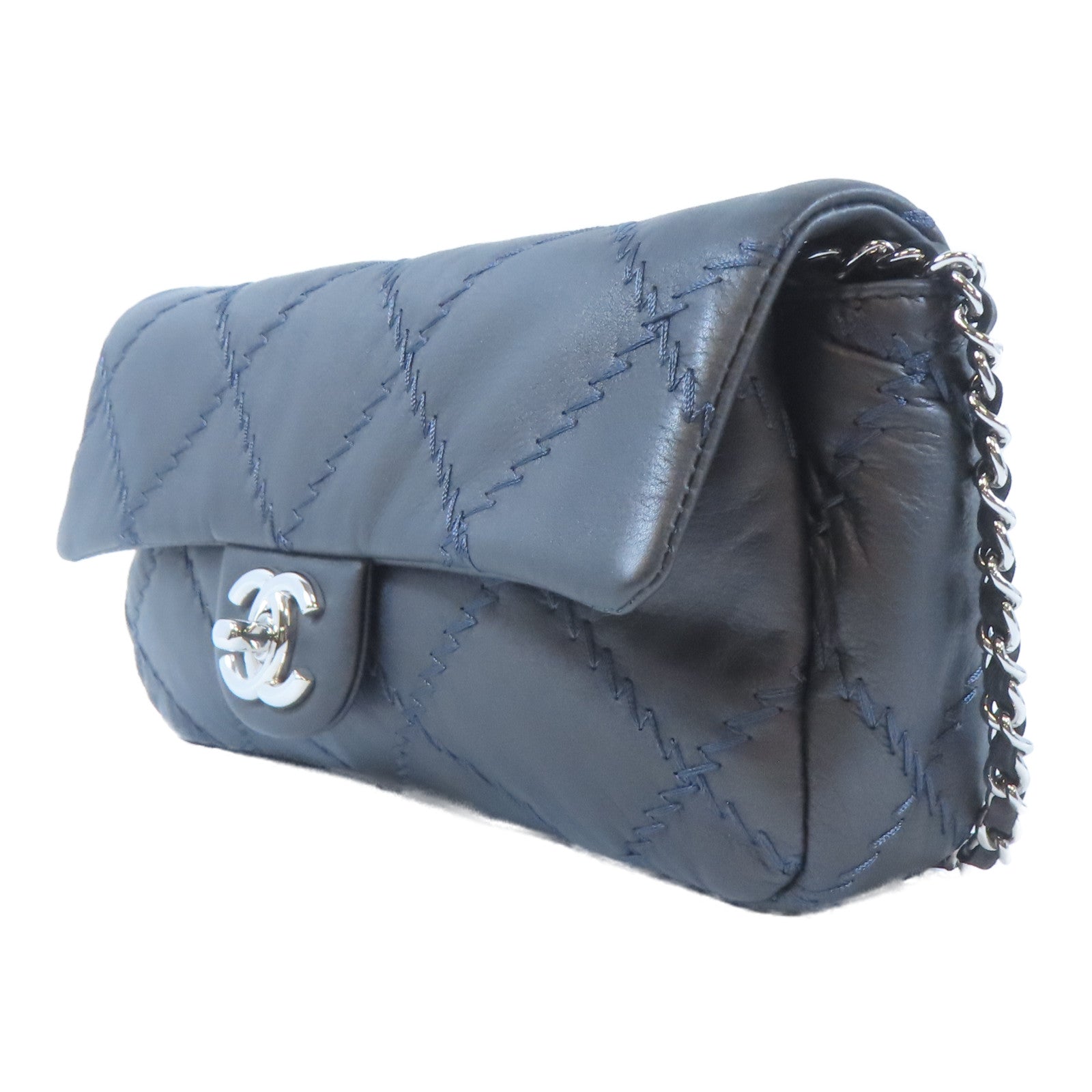 CHANEL 菱格牛皮皮革Chain Shoulder銀扣鏈帶肩背袋灰色