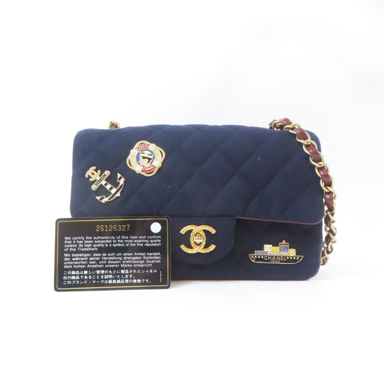 CHANEL 【激減優惠】菱格羊毛Mini Classic Chain Shoulder Bag金扣鏈帶肩背袋深藍色