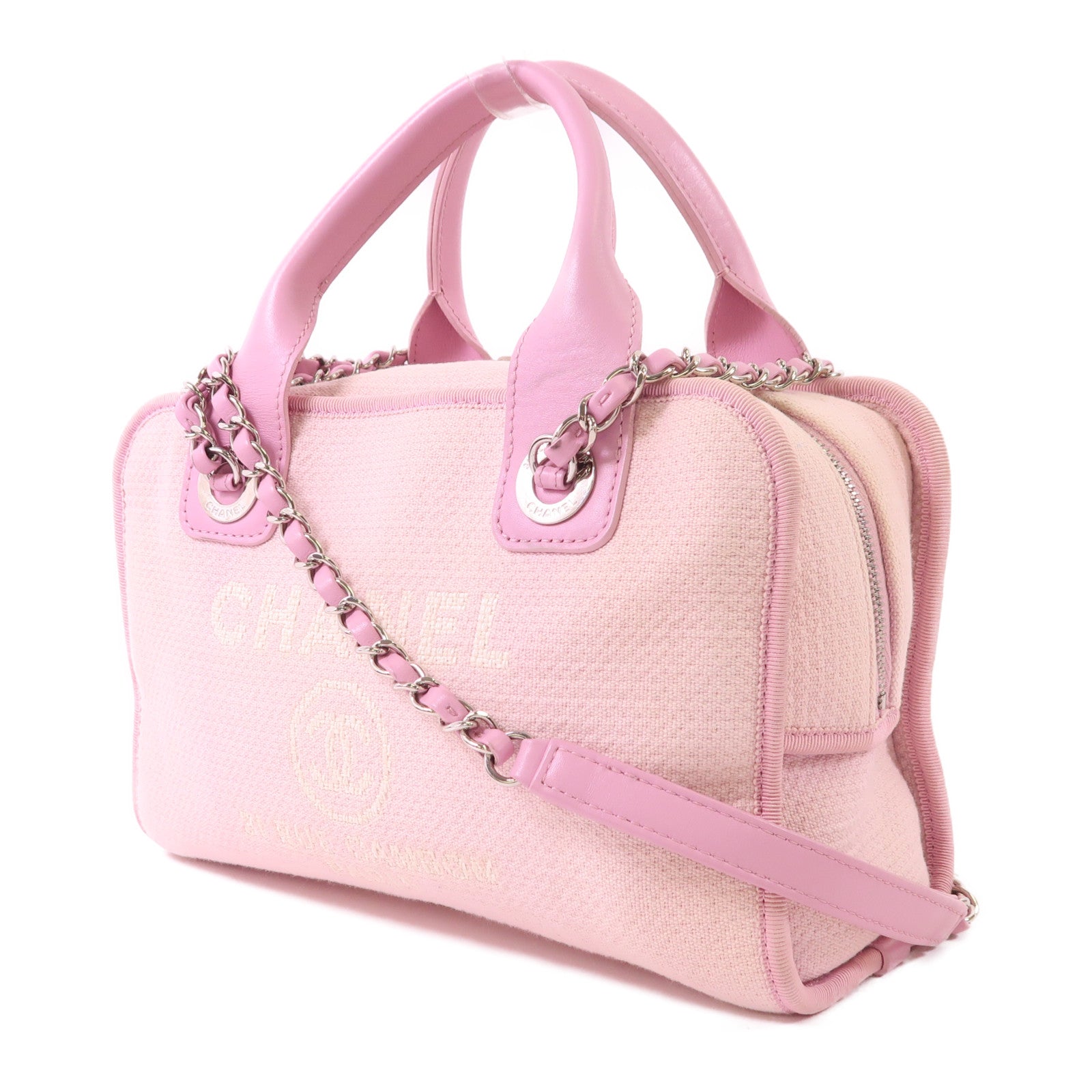 CHANEL 帆布Deauville Bowling Bag銀扣手挽肩背兩用袋