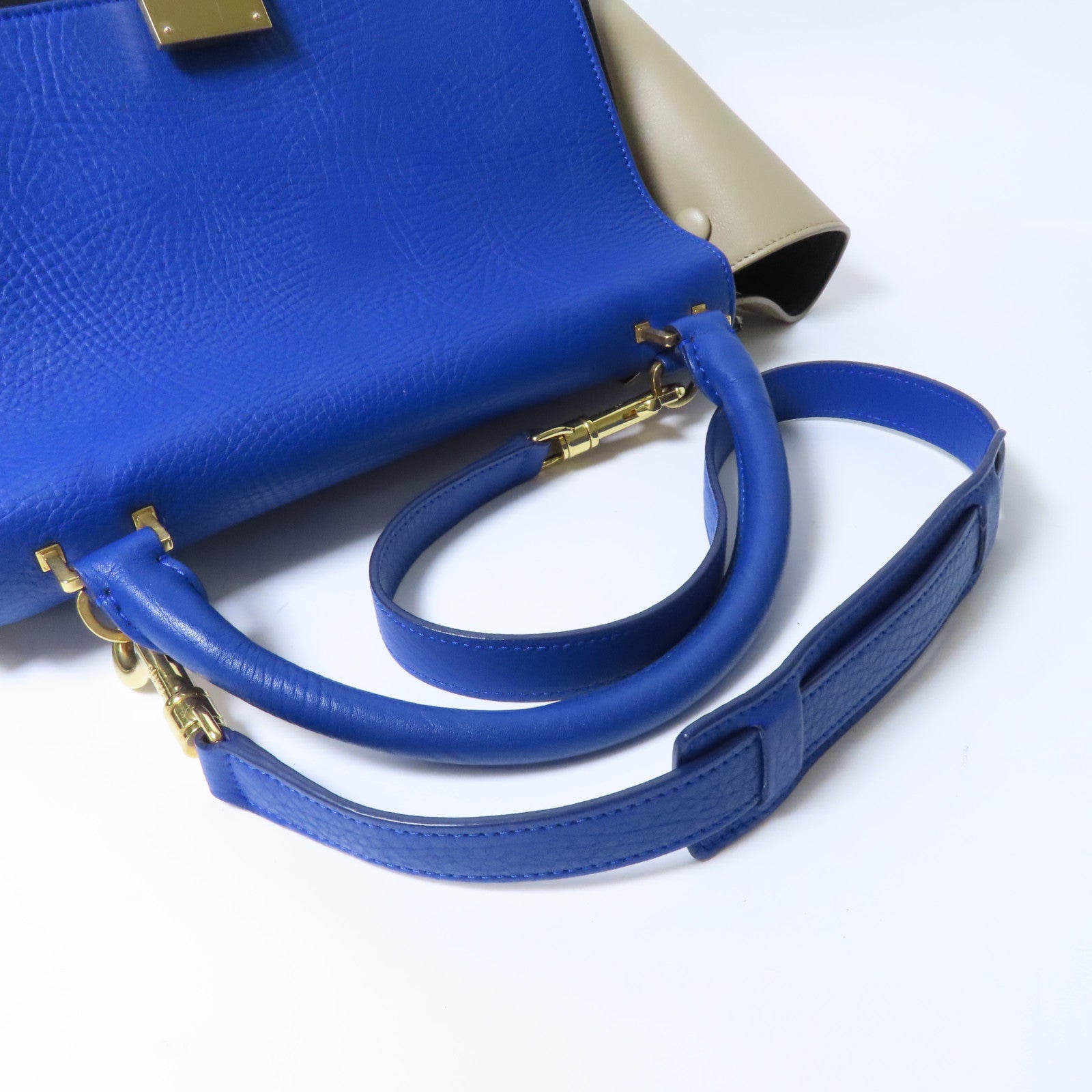 CELINE 牛皮皮革Trapeze金扣手挽肩背兩用袋藍色/米色/黑色