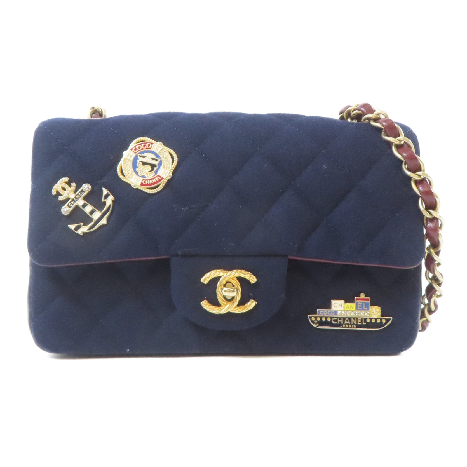 CHANEL 【激減優惠】菱格羊毛Mini Classic Chain Shoulder Bag金扣鏈帶肩背袋深藍色