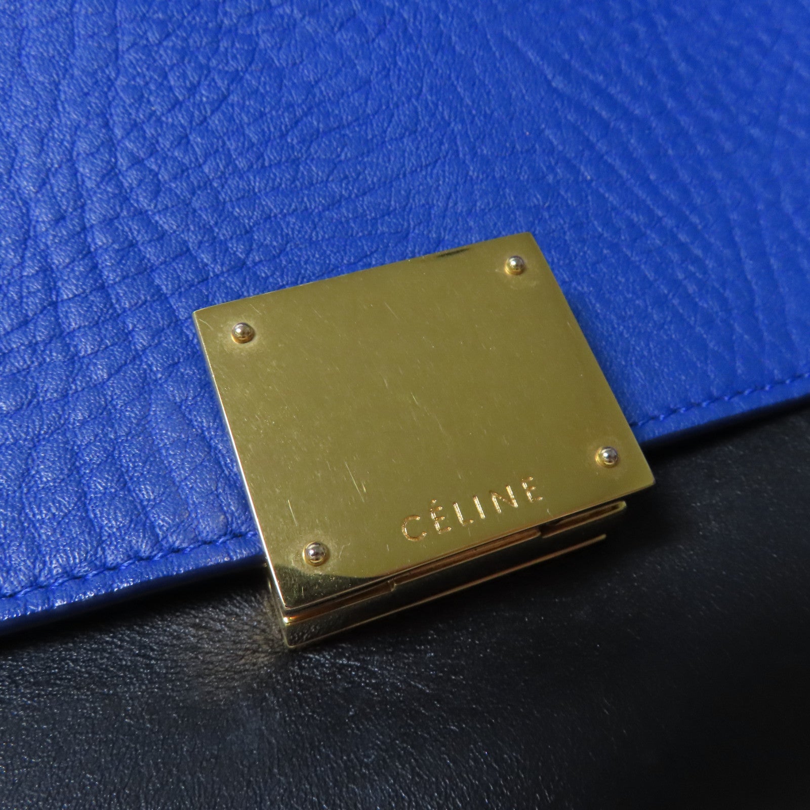 CELINE 牛皮皮革Trapeze金扣手挽肩背兩用袋藍色/米色/黑色