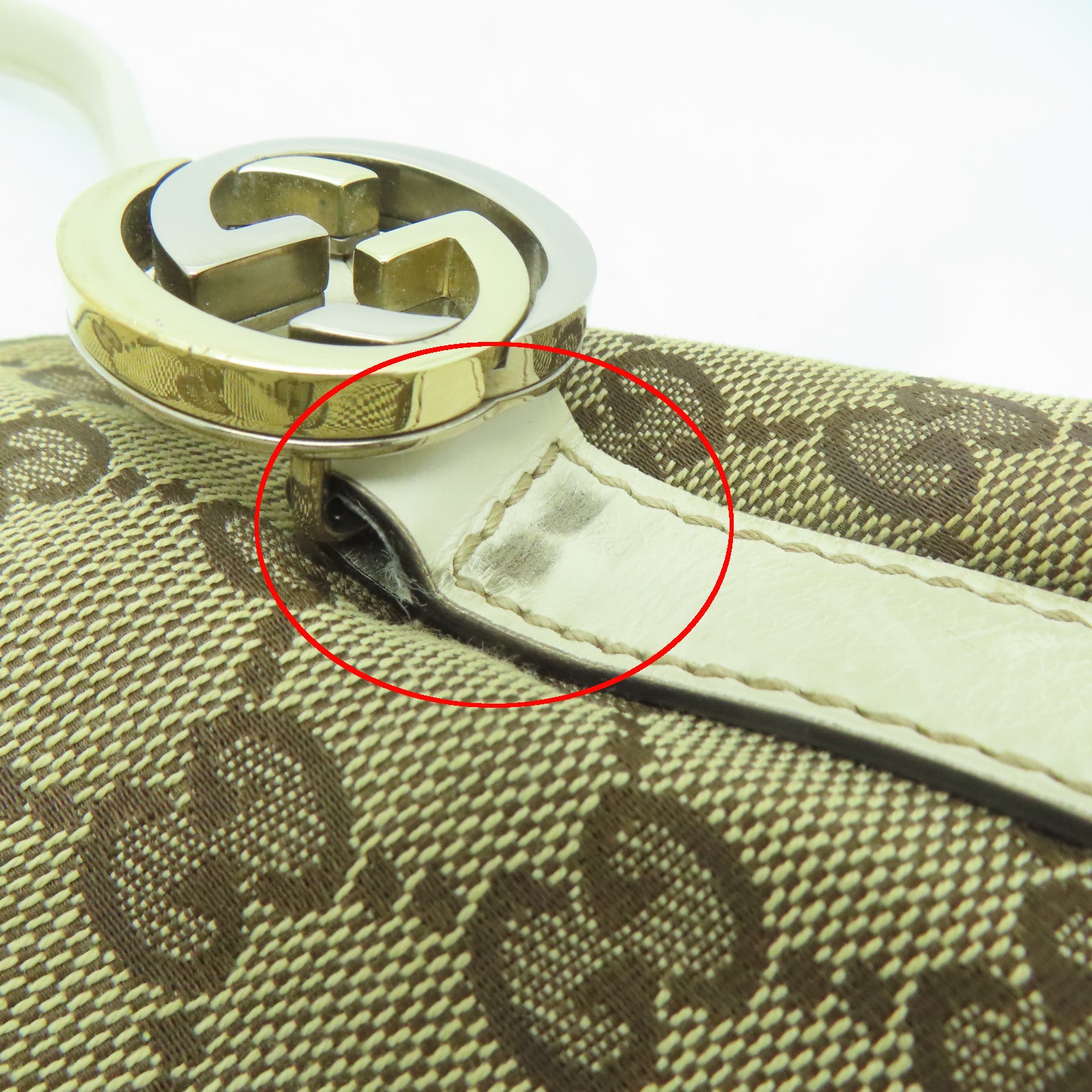 GUCCI 帆布/皮革Shoulder Bag金扣/銀扣肩背袋啡色/白色