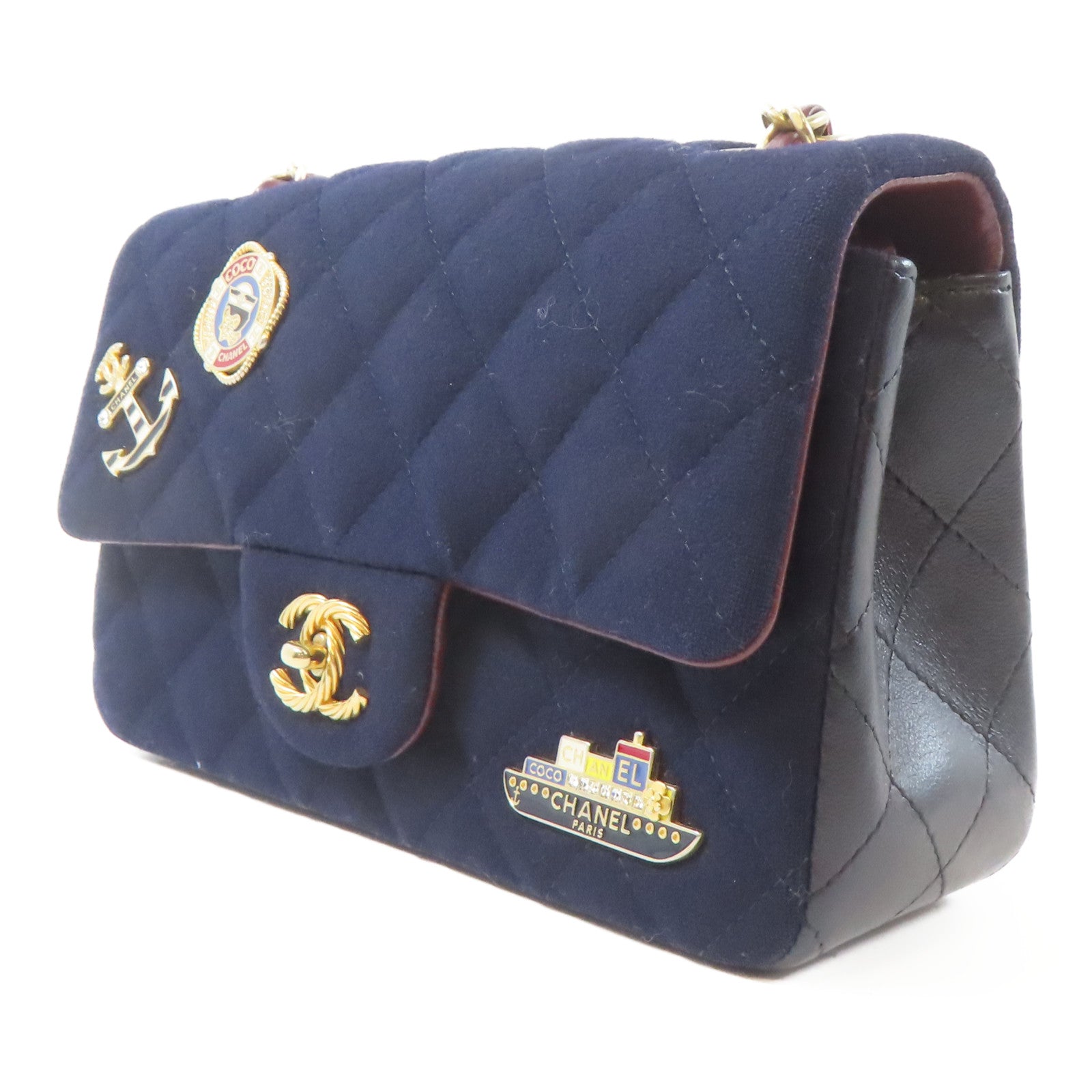 CHANEL 【激減優惠】菱格羊毛Mini Classic Chain Shoulder Bag金扣鏈帶肩背袋深藍色