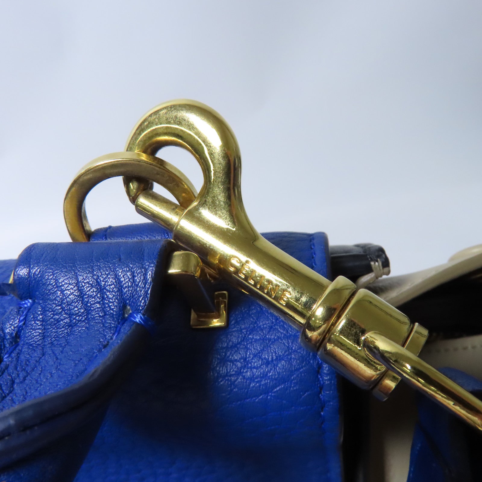 CELINE 牛皮皮革Trapeze金扣手挽肩背兩用袋藍色/米色/黑色