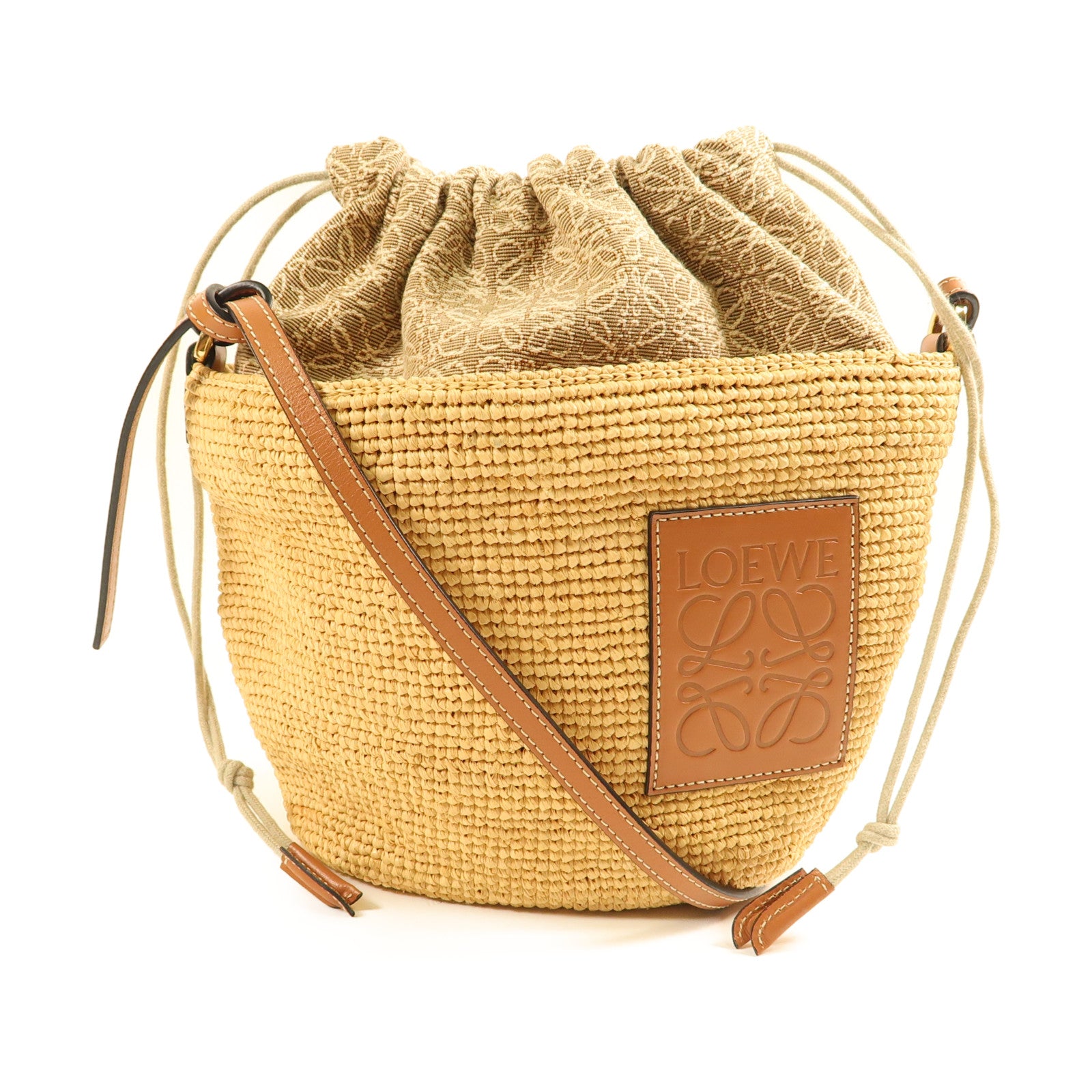 LOEWE Raffia/牛皮皮革Anagram Pochette Basket Bag金扣肩背袋