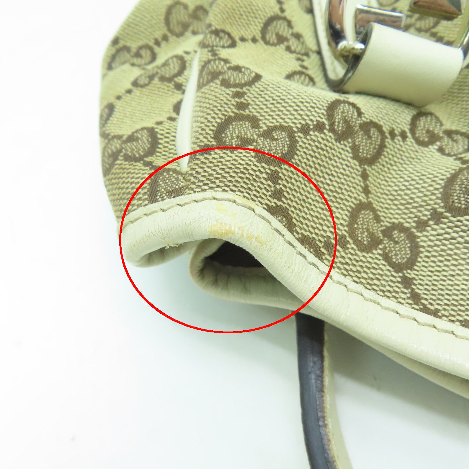 GUCCI 帆布/皮革Shoulder Bag金扣/銀扣肩背袋啡色/白色