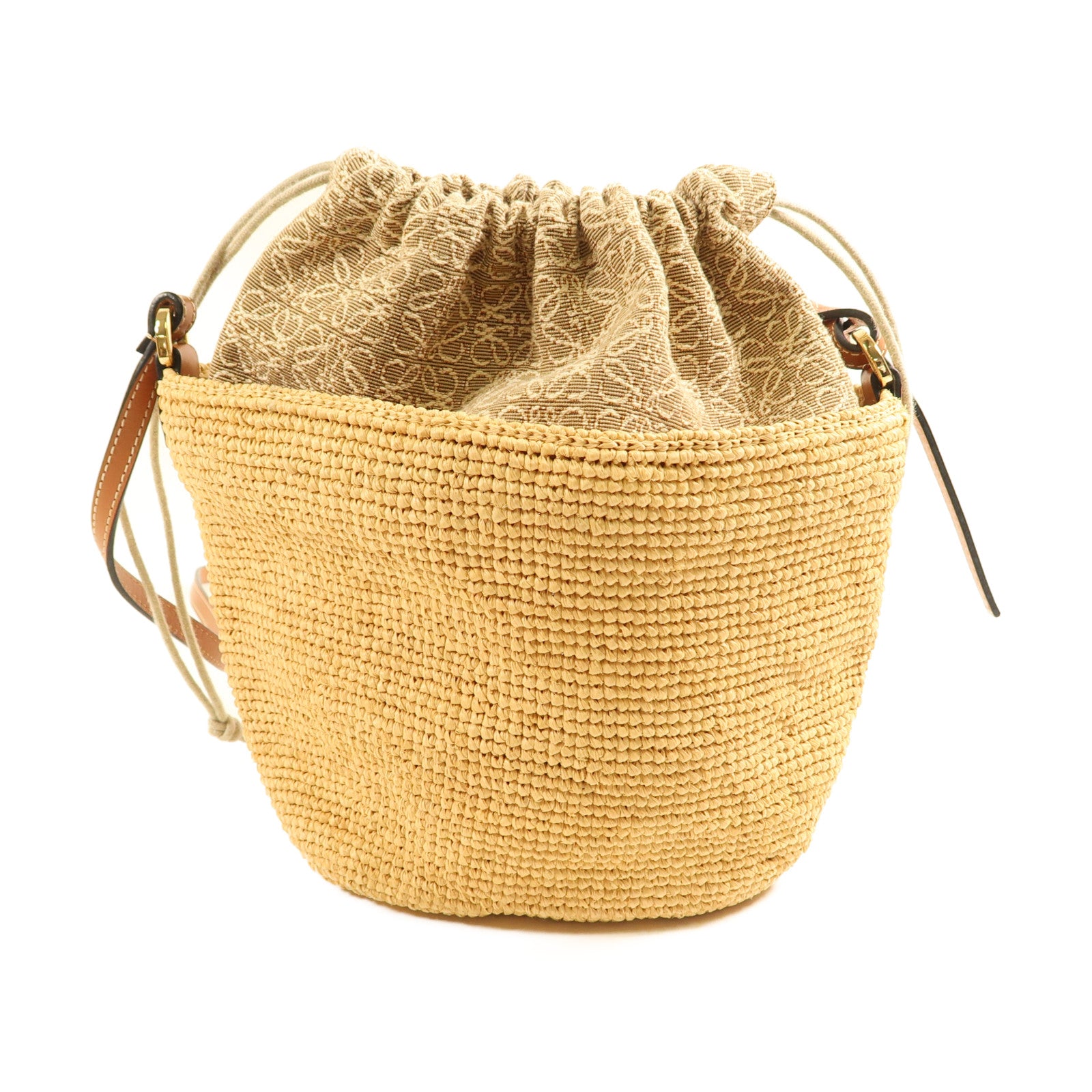 LOEWE Raffia/牛皮皮革Anagram Pochette Basket Bag金扣肩背袋
