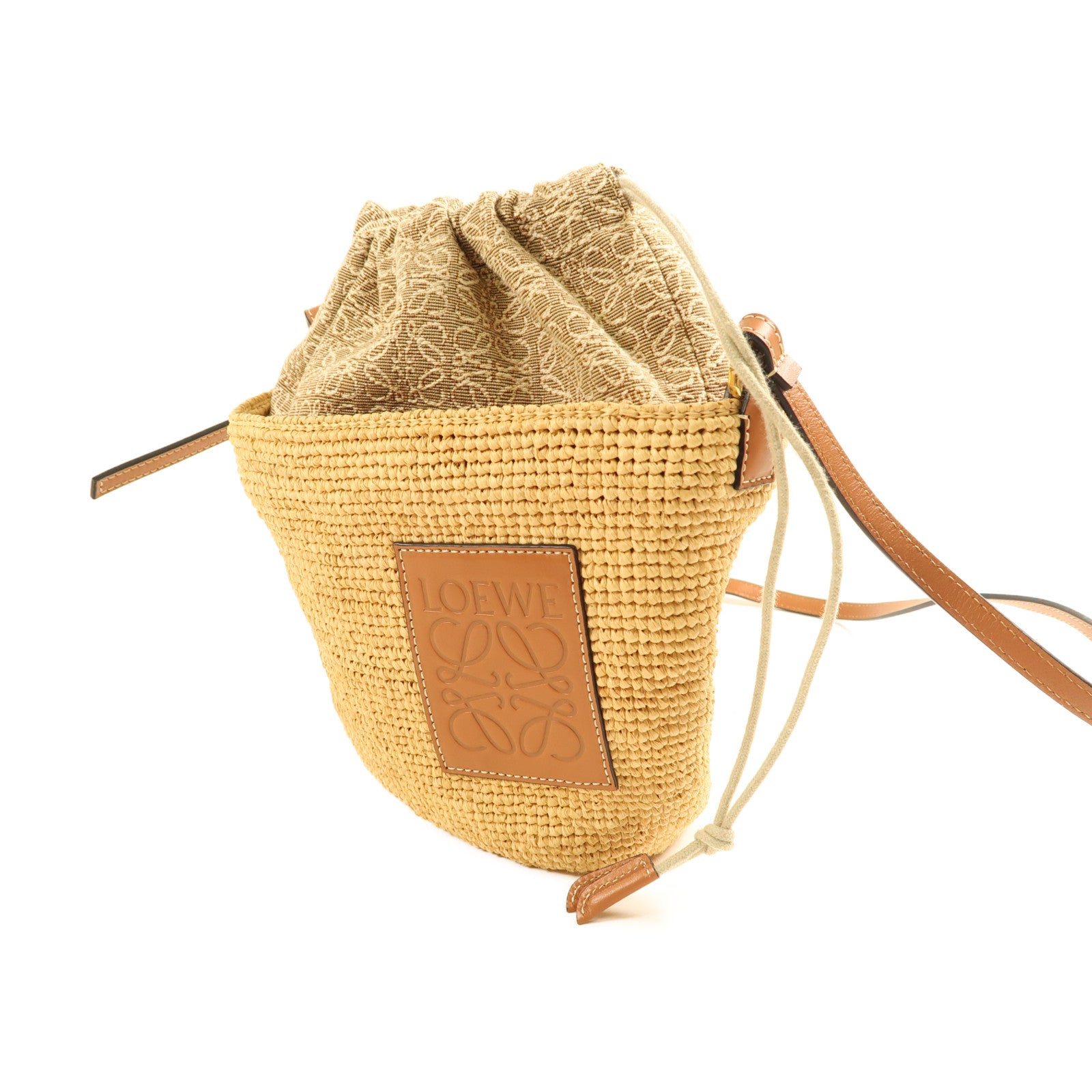 LOEWE Raffia/牛皮皮革Anagram Pochette Basket Bag金扣肩背袋