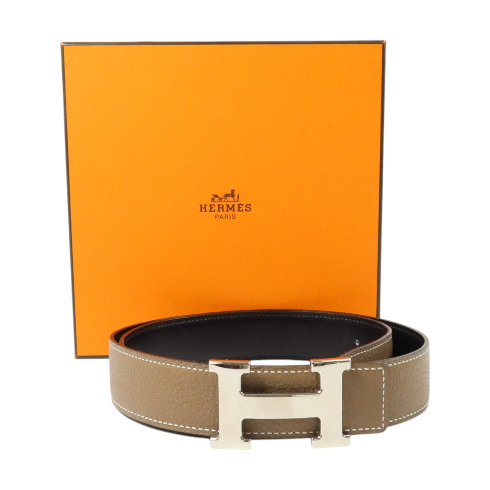 HERMES Togo皮革/Swift皮革Reversible H Belt 85cm銀扣皮帶Etoupe/Black