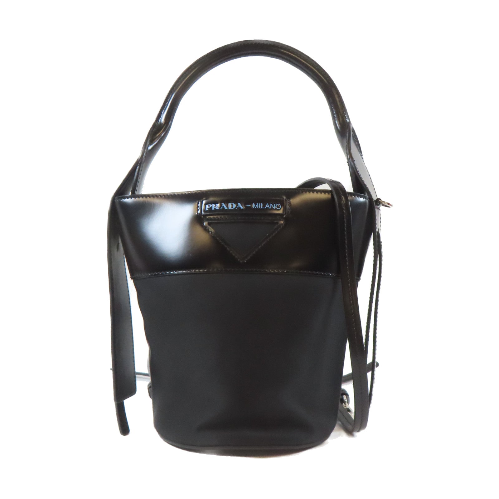 PRADA 牛皮皮革/尼龍Ouverture Bucket Bag銀扣手挽肩背兩用袋黑色