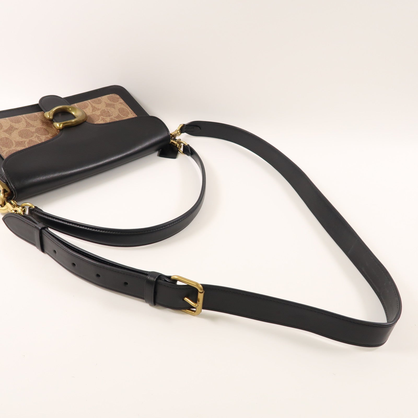 COACH 牛皮皮革/塗層帆布2 Way Shoulder金扣手挽肩背兩用袋黑色/棕色