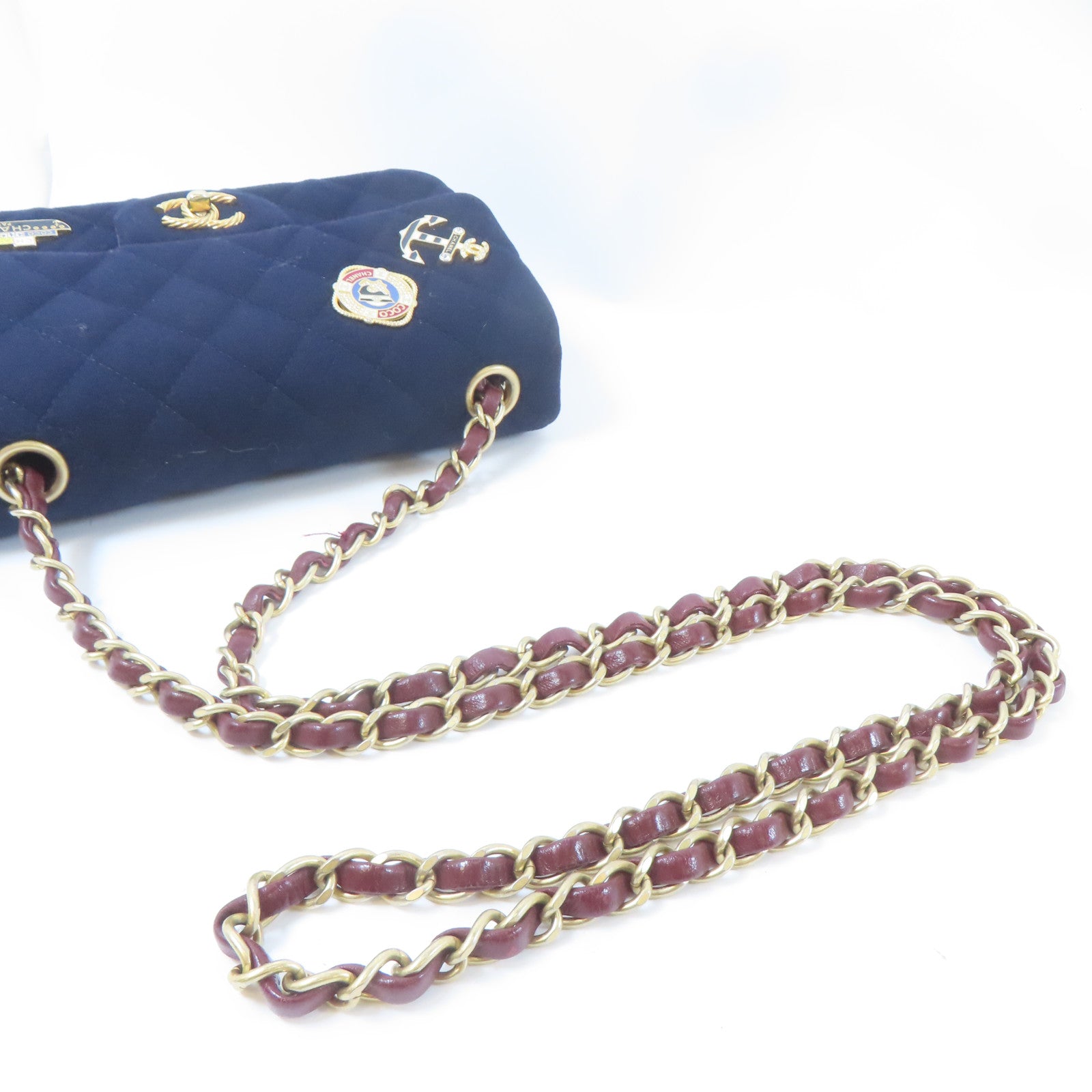 CHANEL 【激減優惠】菱格羊毛Mini Classic Chain Shoulder Bag金扣鏈帶肩背袋深藍色