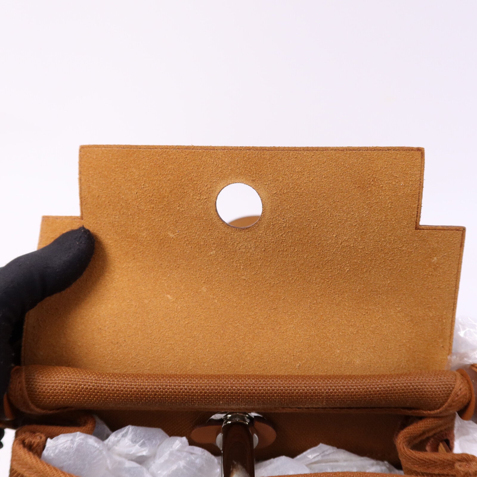 HERMES 帆布Mini Herbag銀扣肩背袋Fauve
