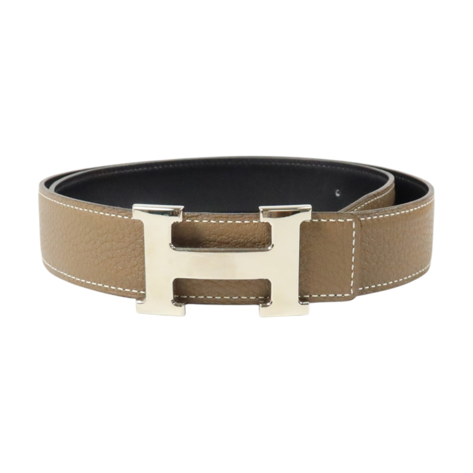 HERMES Togo皮革/Swift皮革Reversible H Belt 85cm銀扣皮帶Etoupe/Black