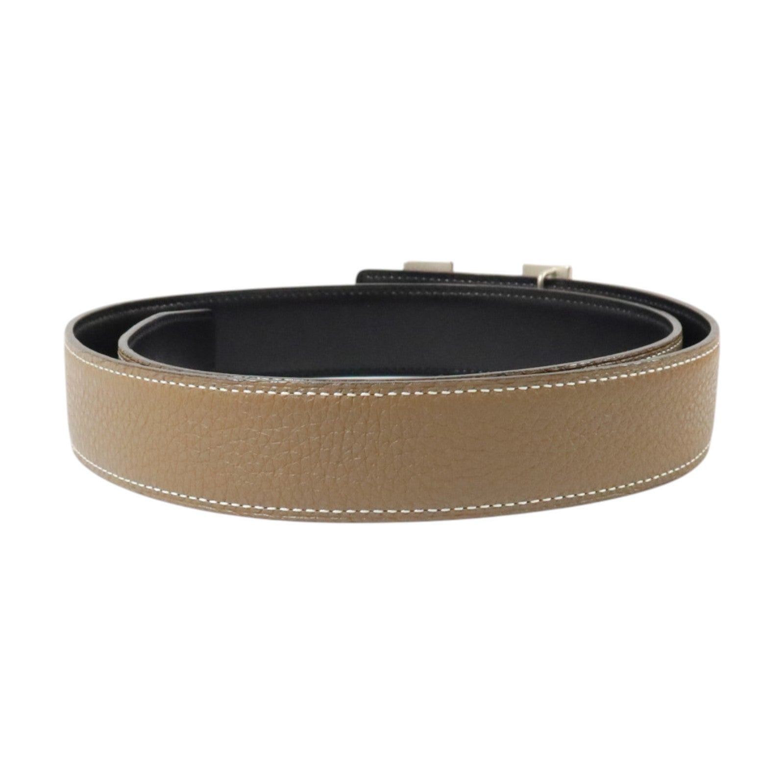 HERMES Togo皮革/Swift皮革Reversible H Belt 85cm銀扣皮帶Etoupe/Black