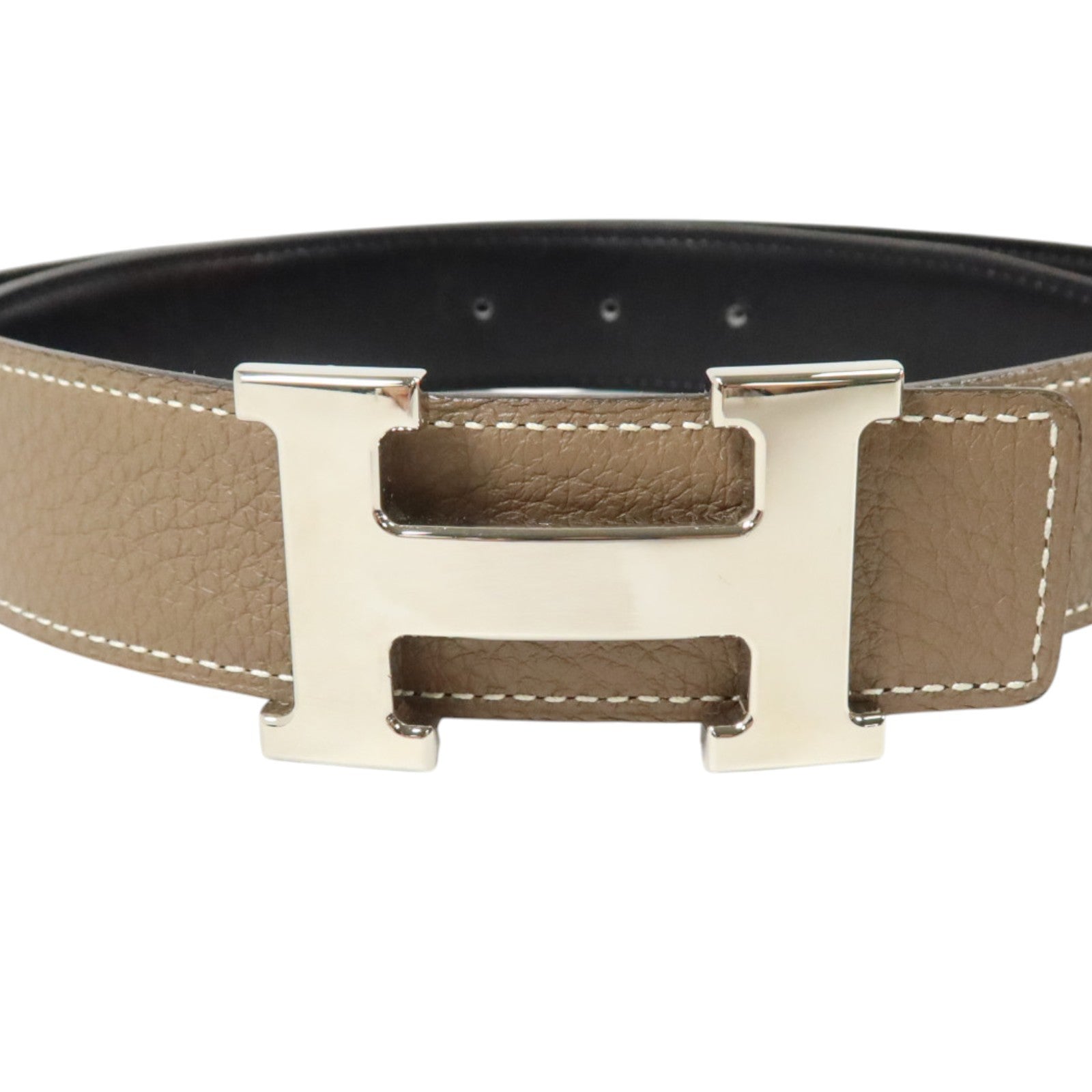 HERMES Togo皮革/Swift皮革Reversible H Belt 85cm銀扣皮帶Etoupe/Black