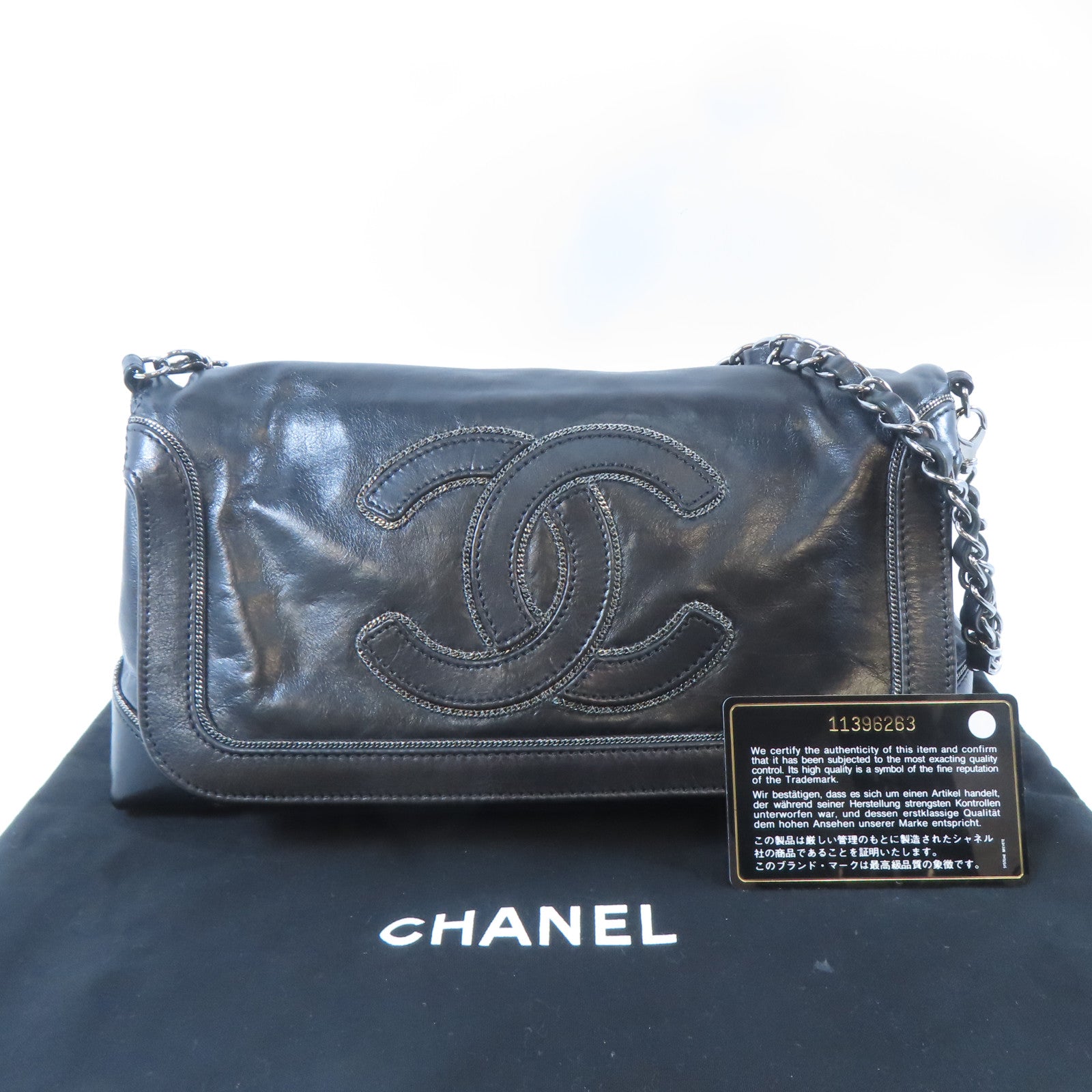 CHANEL 牛皮皮革Chain Shoulder銀扣鏈帶肩背袋黑色
