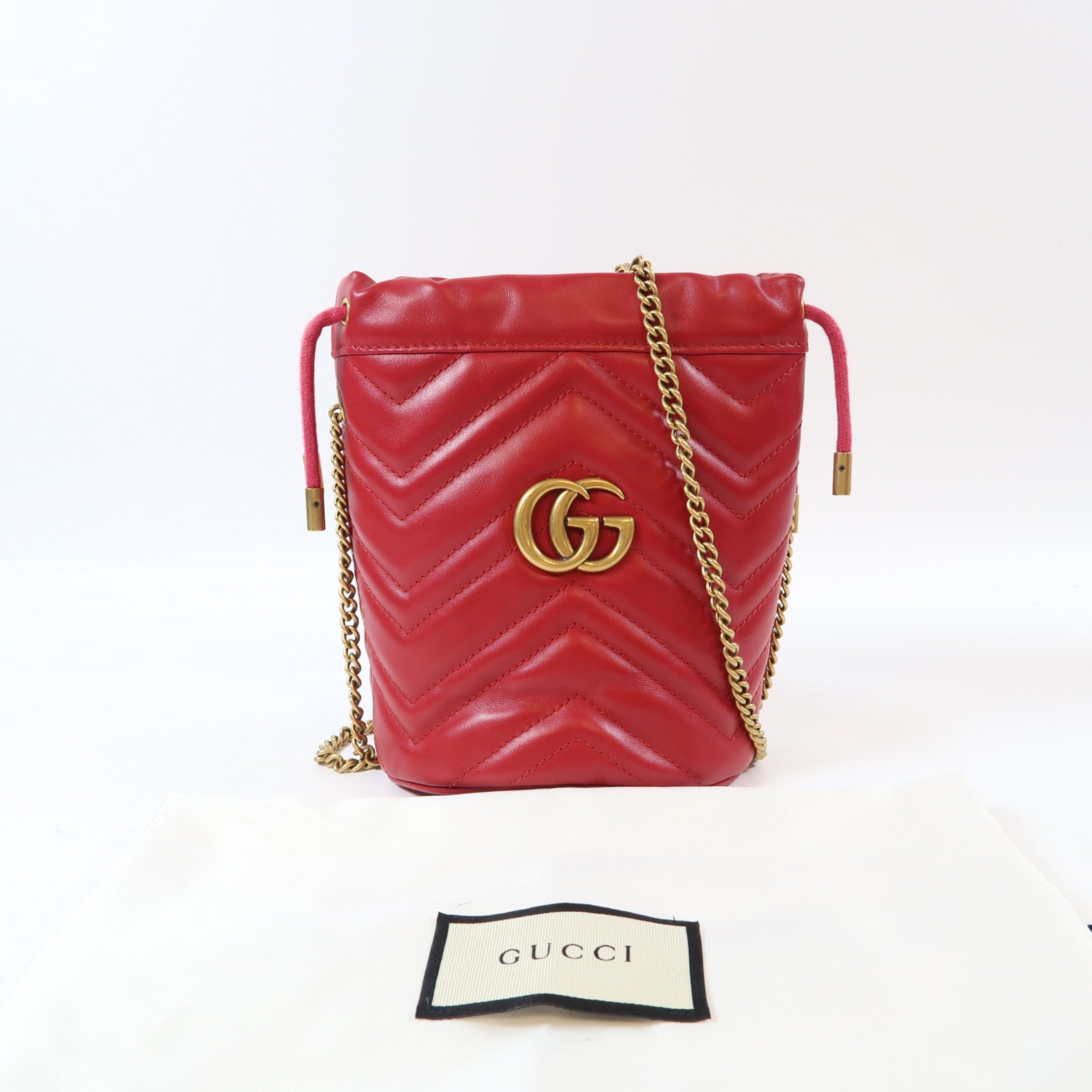 GUCCI 【激減優惠】牛皮皮革GG Marmont Bucket金扣鏈帶肩背袋紅色
