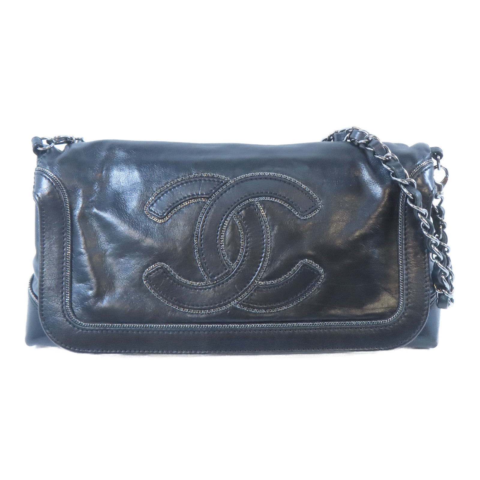 CHANEL 牛皮皮革Chain Shoulder銀扣鏈帶肩背袋黑色