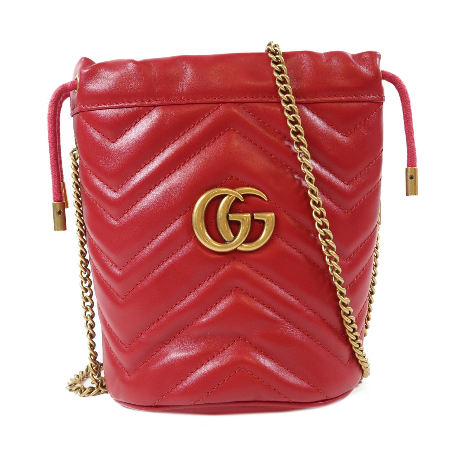 GUCCI 【激減優惠】牛皮皮革GG Marmont Bucket金扣鏈帶肩背袋紅色
