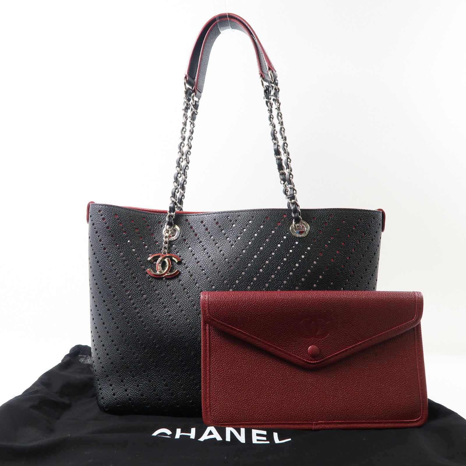 CHANEL 【激減優惠】牛皮皮革2 Way Shoulder銀扣肩背袋黑色/紅色