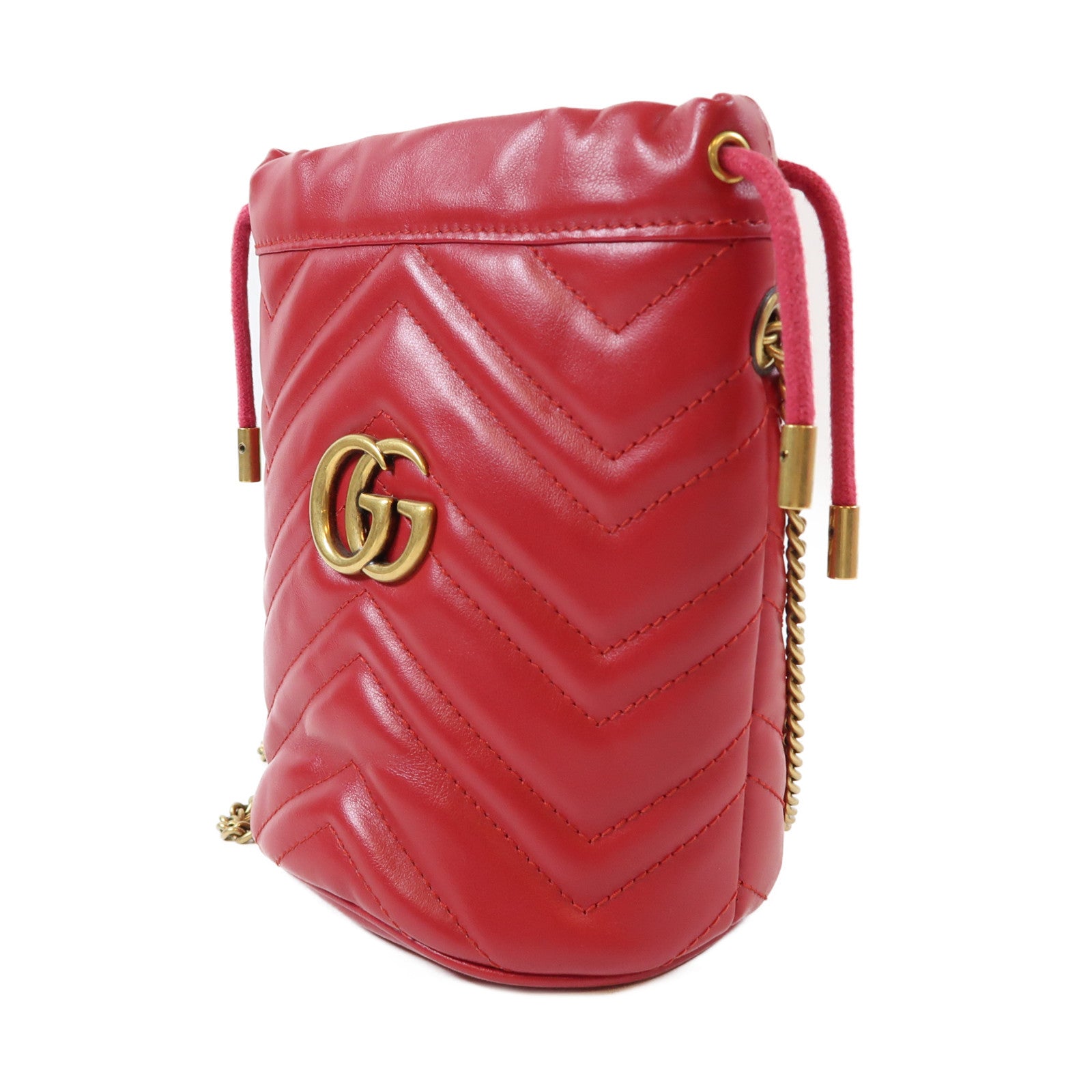 GUCCI 【激減優惠】牛皮皮革GG Marmont Bucket金扣鏈帶肩背袋紅色