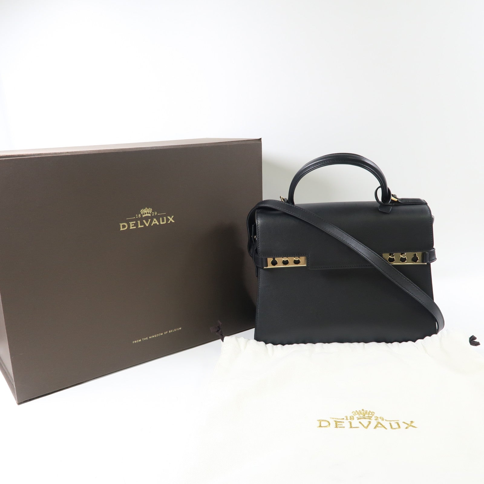 SELECTION 牛皮皮革Delvaux Tempete MM金扣手挽肩背兩用袋黑色