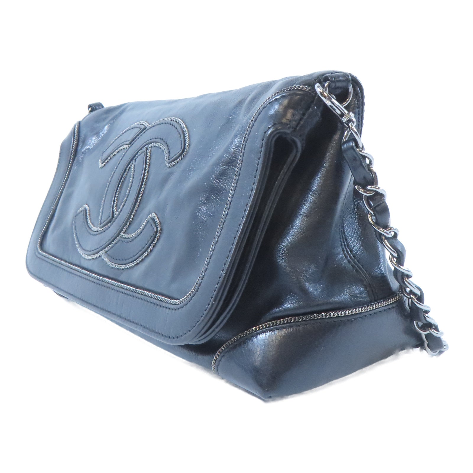 CHANEL 牛皮皮革Chain Shoulder銀扣鏈帶肩背袋黑色