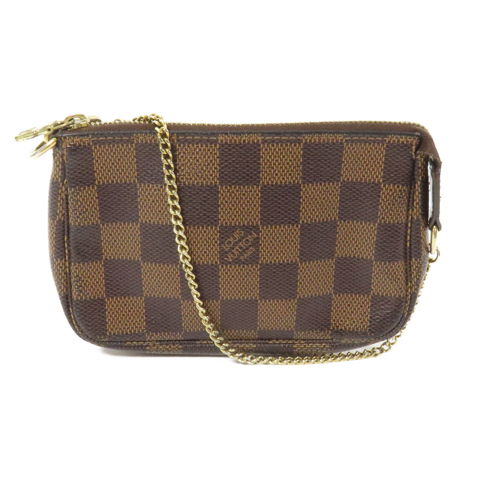 LOUIS VUITTON Damier Mini Pochette金扣鏈帶手挽袋