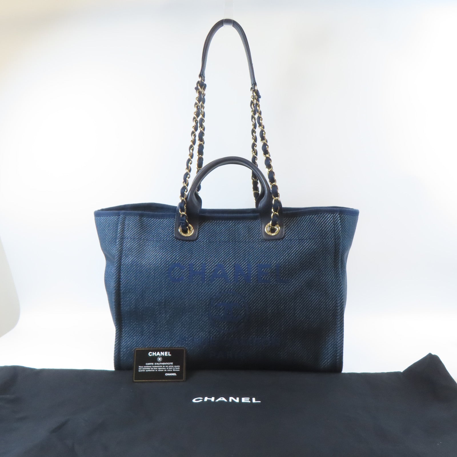 CHANEL 【激減優惠】帆布Deauville Tote 2 Way Chain Shoulder Bag金扣鏈帶手挽肩背兩用袋深藍色