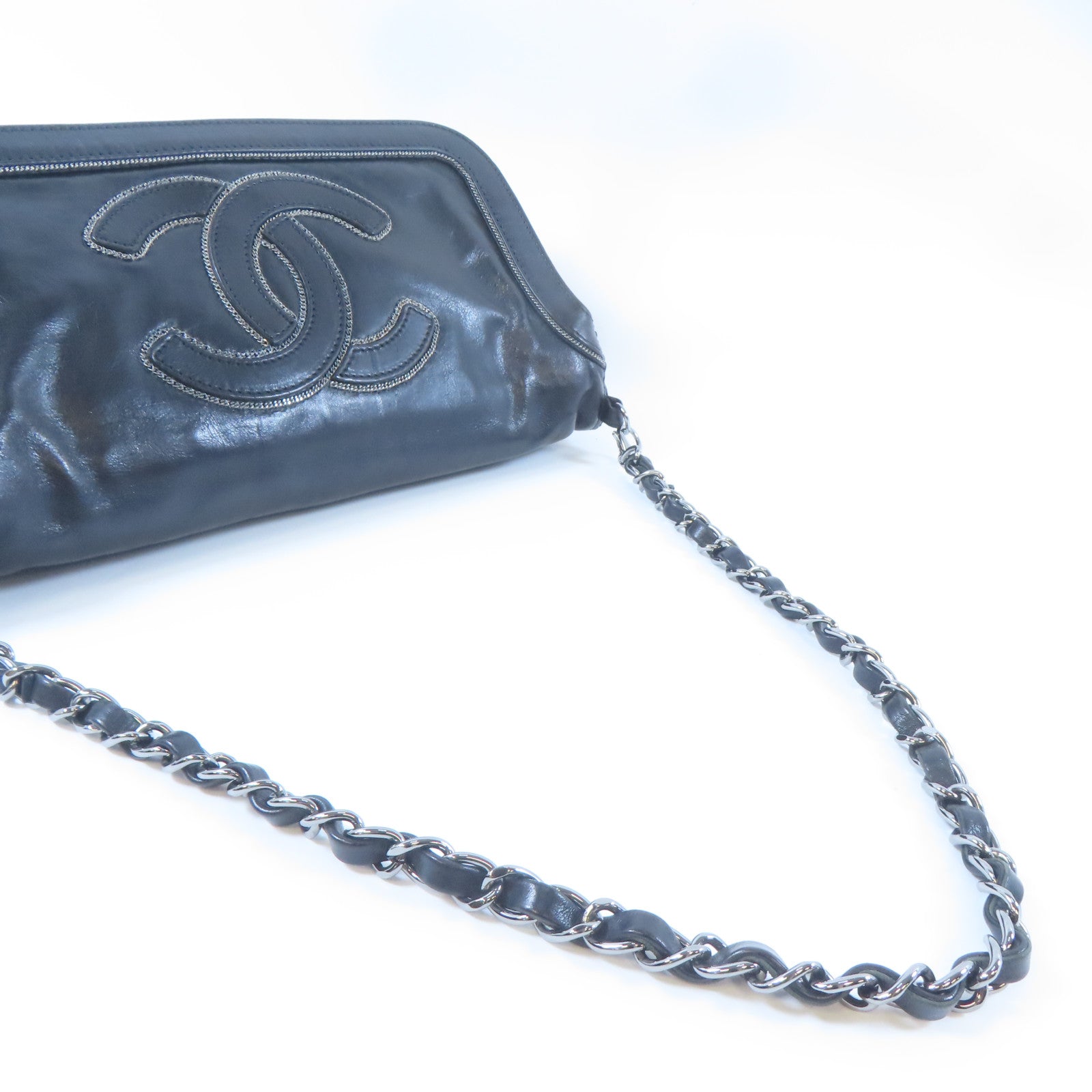 CHANEL 牛皮皮革Chain Shoulder銀扣鏈帶肩背袋黑色