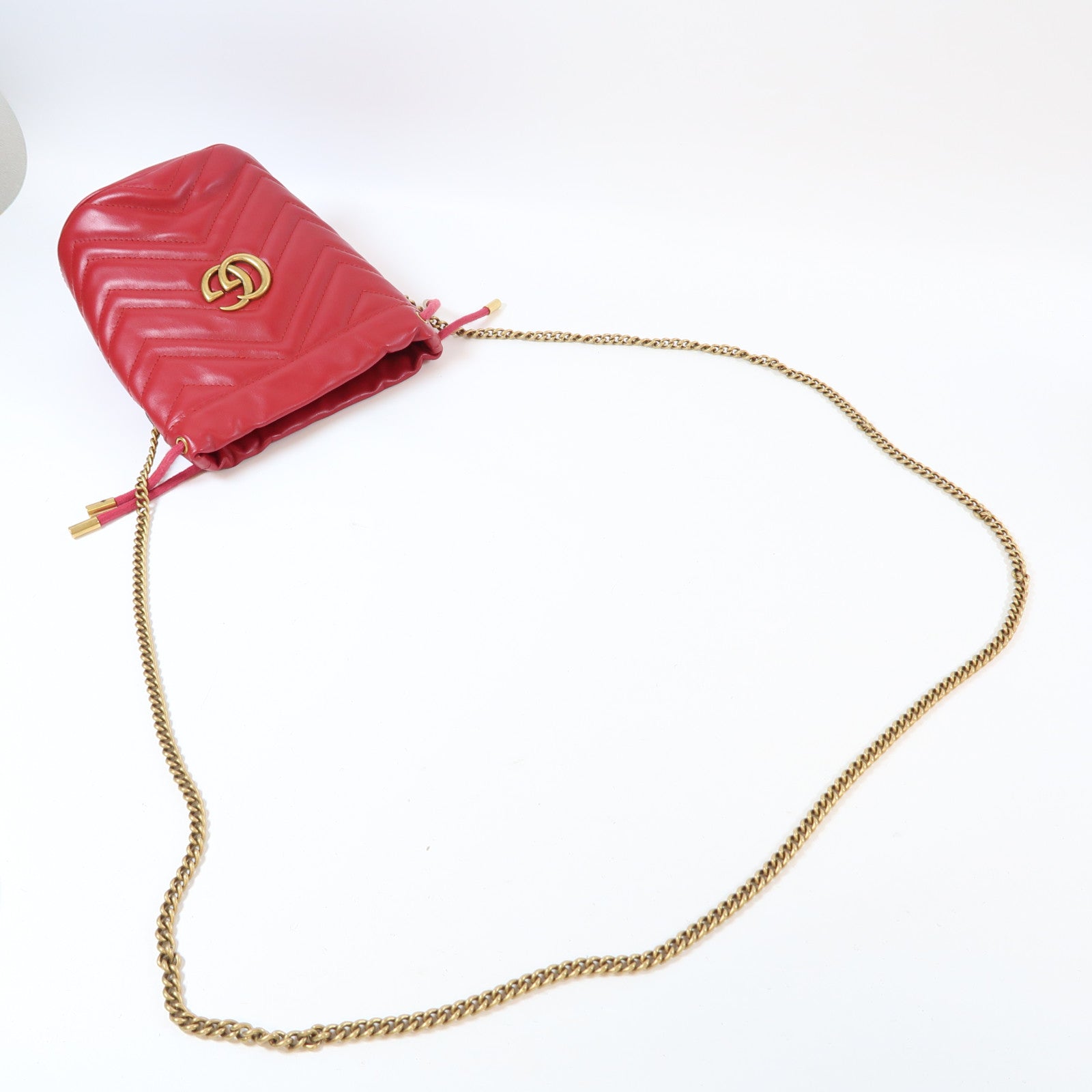 GUCCI 【激減優惠】牛皮皮革GG Marmont Bucket金扣鏈帶肩背袋紅色