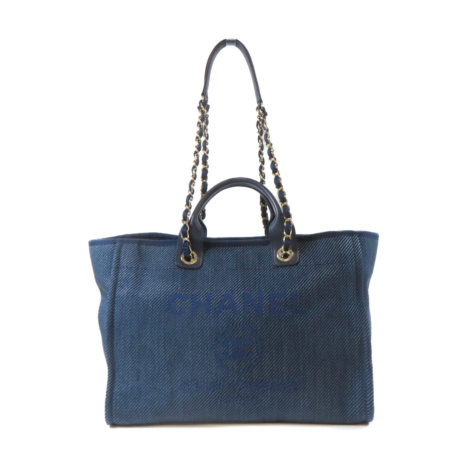CHANEL 【激減優惠】帆布Deauville Tote 2 Way Chain Shoulder Bag金扣鏈帶手挽肩背兩用袋深藍色