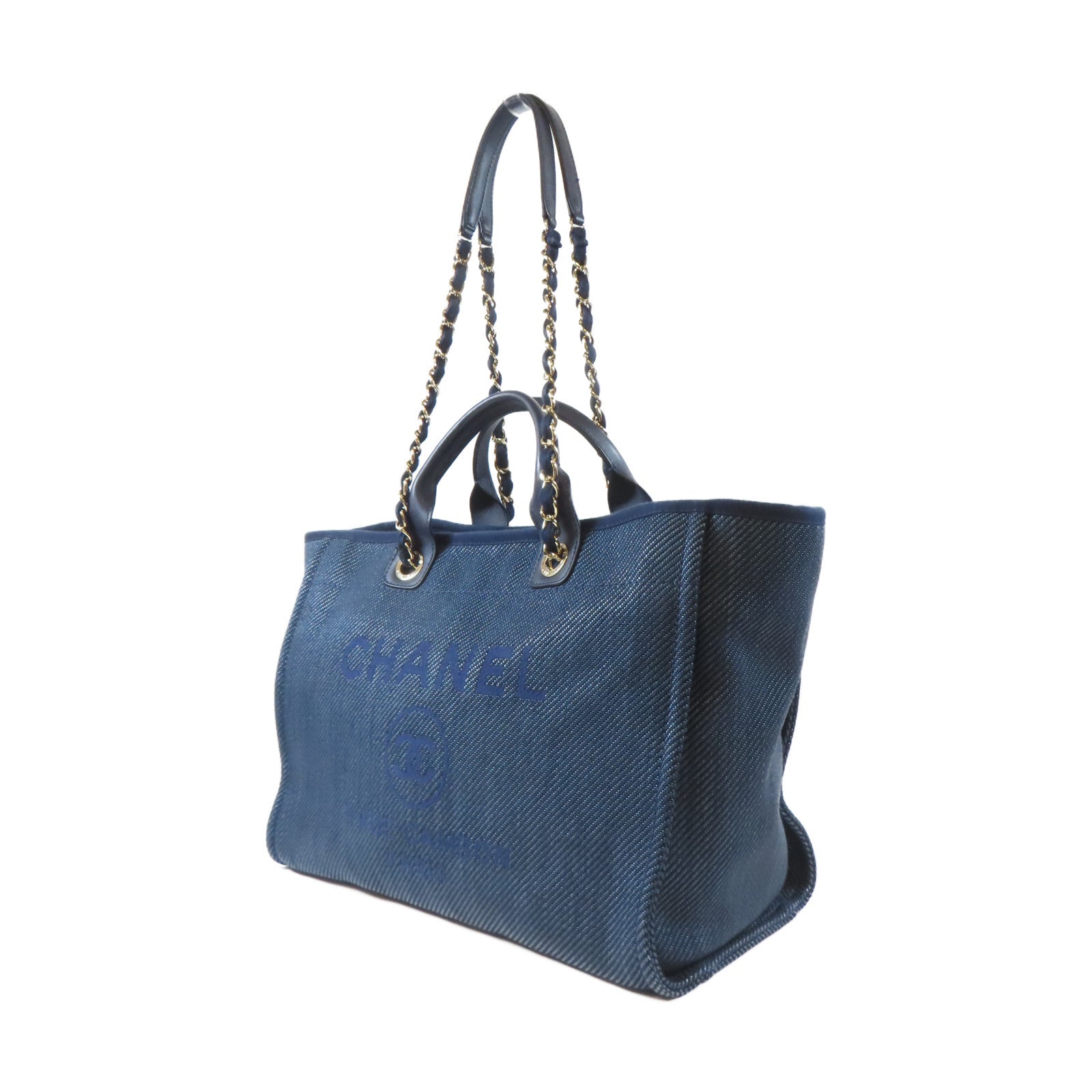 CHANEL 【激減優惠】帆布Deauville Tote 2 Way Chain Shoulder Bag金扣鏈帶手挽肩背兩用袋深藍色