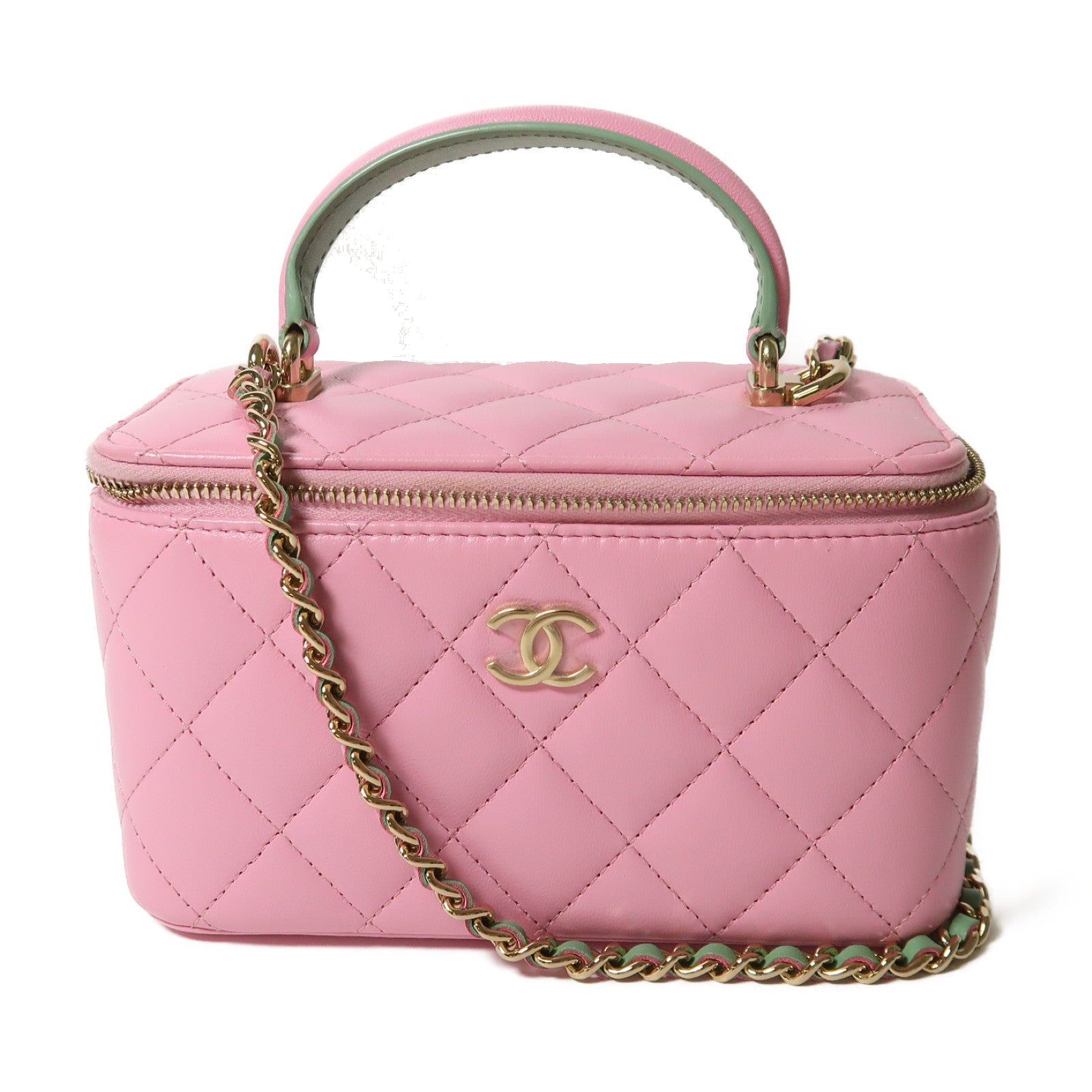 CHANEL 菱格羊皮皮革Vanity Case金釦鏈帶肩背袋粉紅色