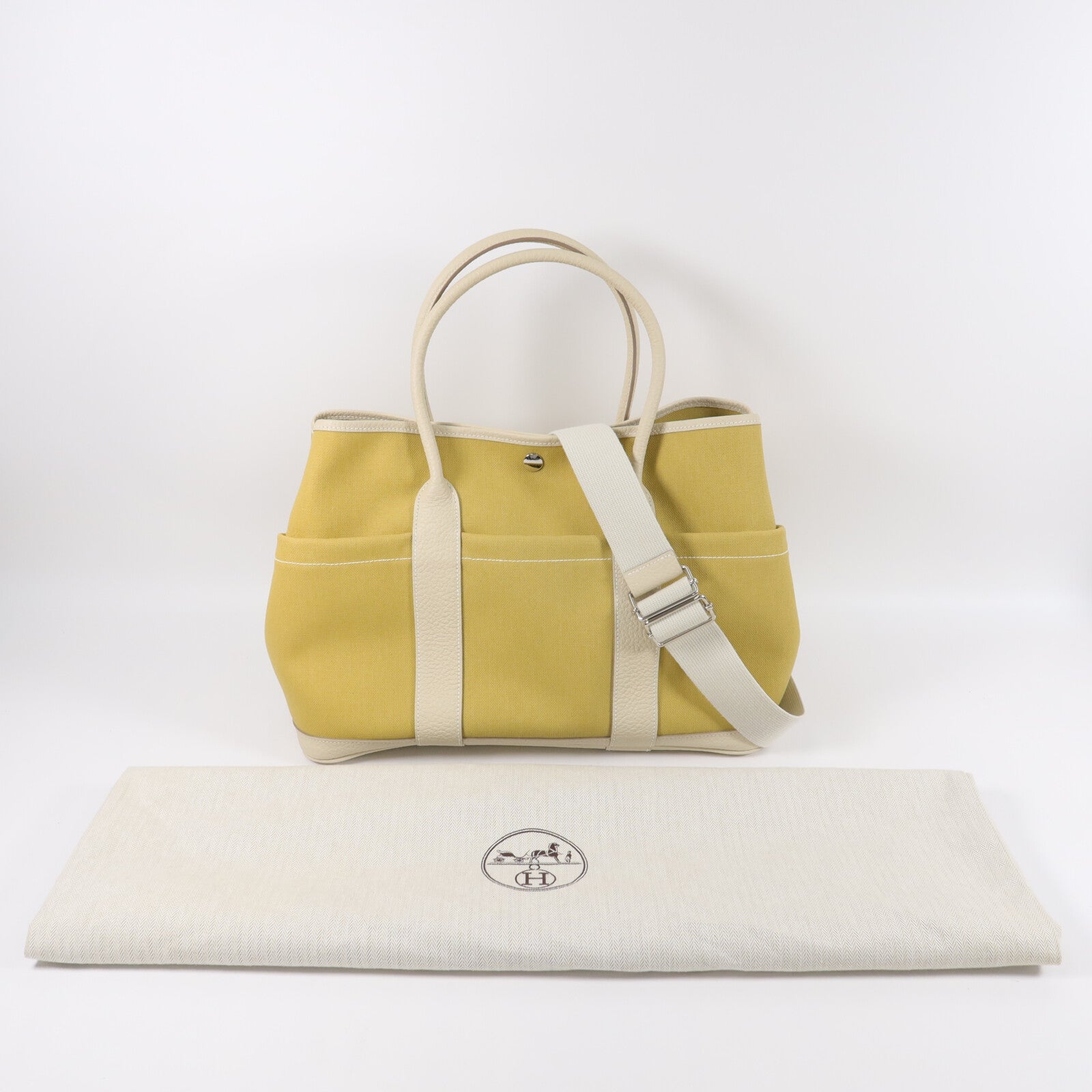 HERMES 帆布/Negonda皮革Garden Party PM手挽袋JaunePoussin / Craie